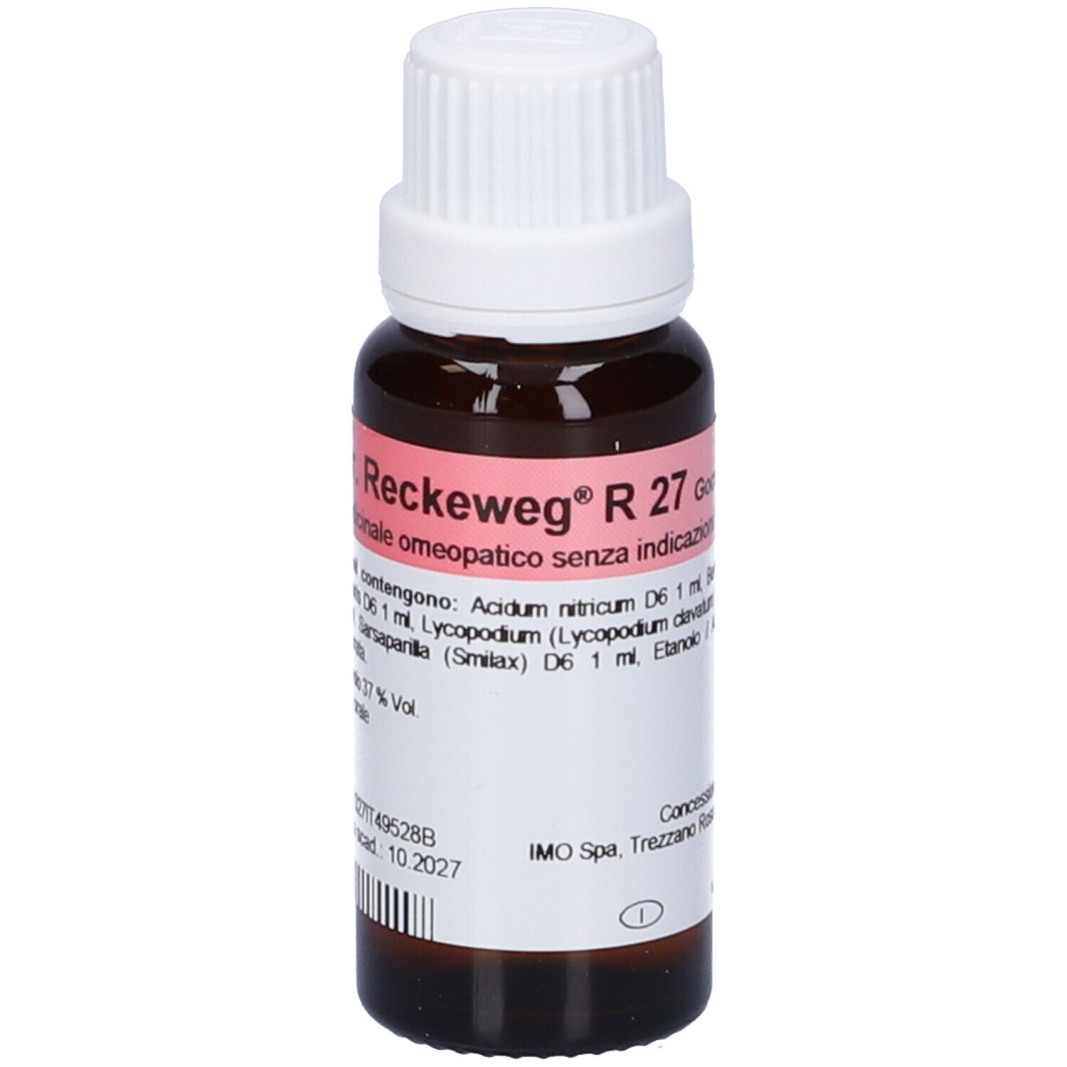 Flacone di vetro marrone con tappo bianco. Etichetta con informazioni sul prodotto. Visibile: Dr. Reckeweg R 27. Gocce orali, soluzione.
