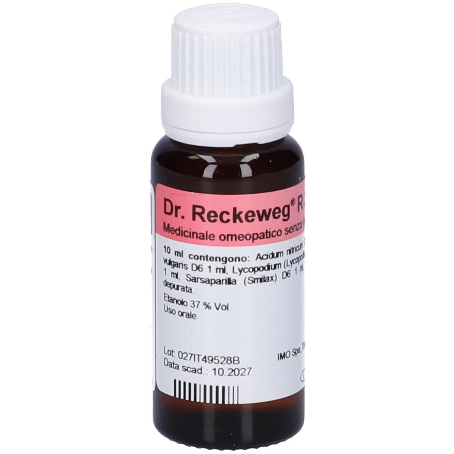 Flacone di vetro marrone con tappo bianco. Etichetta con informazioni sul prodotto. Visibile: Dr. Reckeweg R 27. Gocce orali, soluzione.
