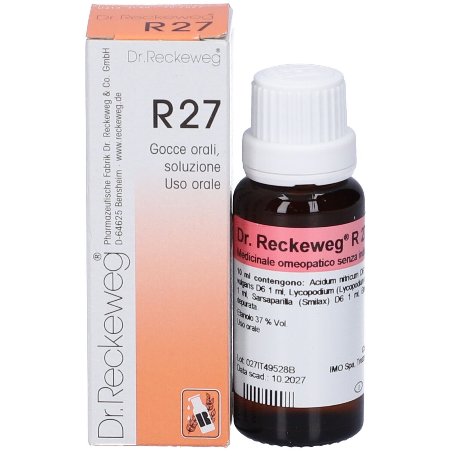 Flacone di vetro marrone con tappo bianco e scatola. Visibile: Dr. Reckeweg R 27. Gocce orali, soluzione. Istruzioni per l'uso.