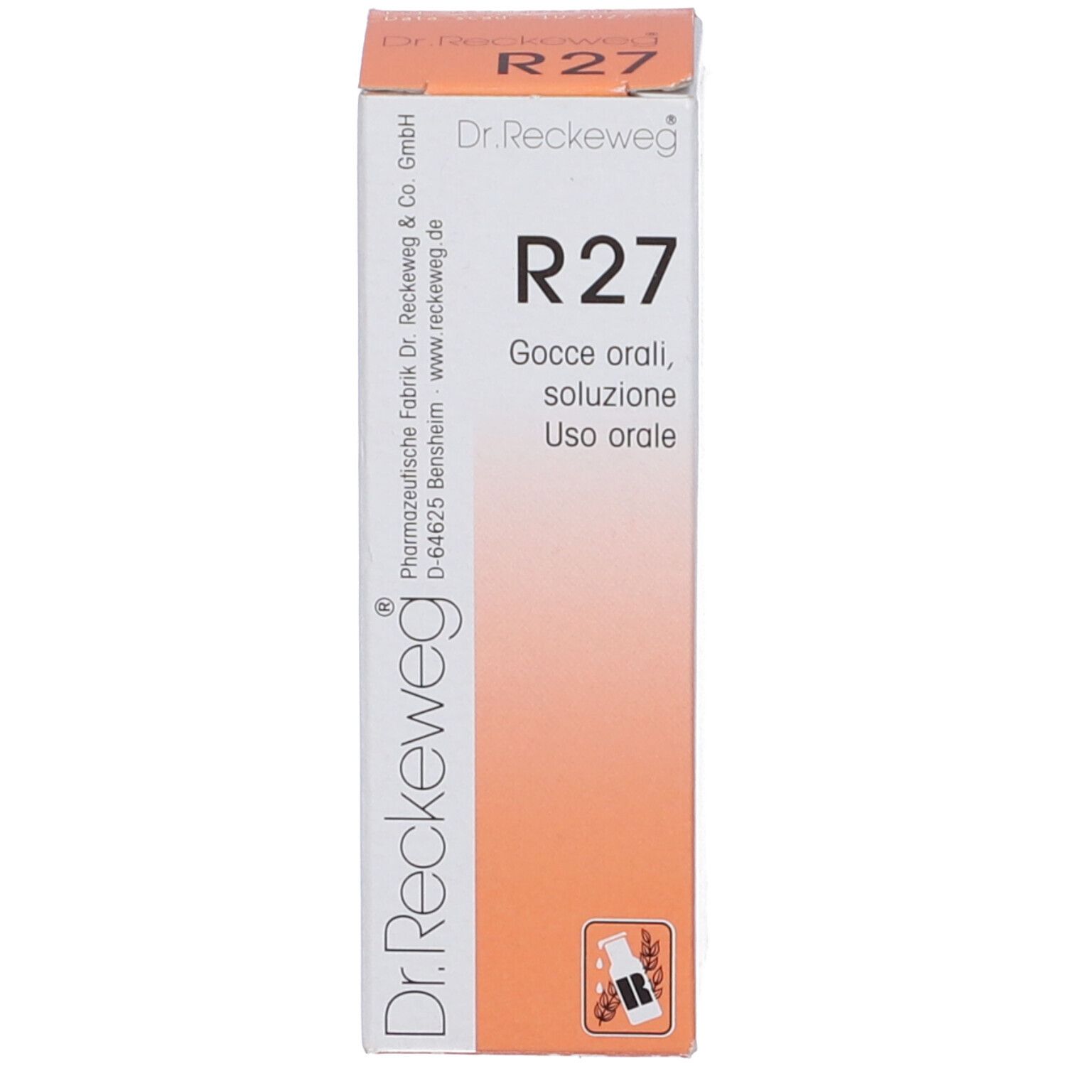 Confezione in cartone. Visibile: Dr. Reckeweg R 27. Gocce orali, soluzione. Istruzioni per l'uso. Logo Dr. Reckeweg.