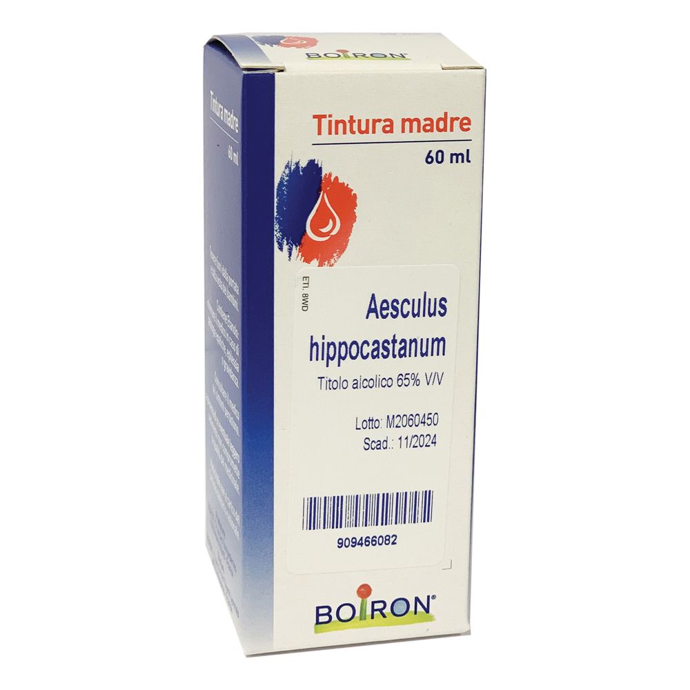 Scatola con etichetta. Scritto: Aesculus hippocastanum, Tintura madre, 60 ml. Marchio BOIRON.