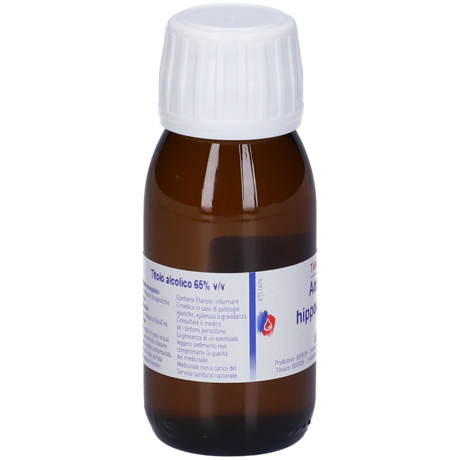 Flacone di vetro marrone con tappo bianco. Etichetta con informazioni. Scritto: Titolo alcolico 65% v/v.
