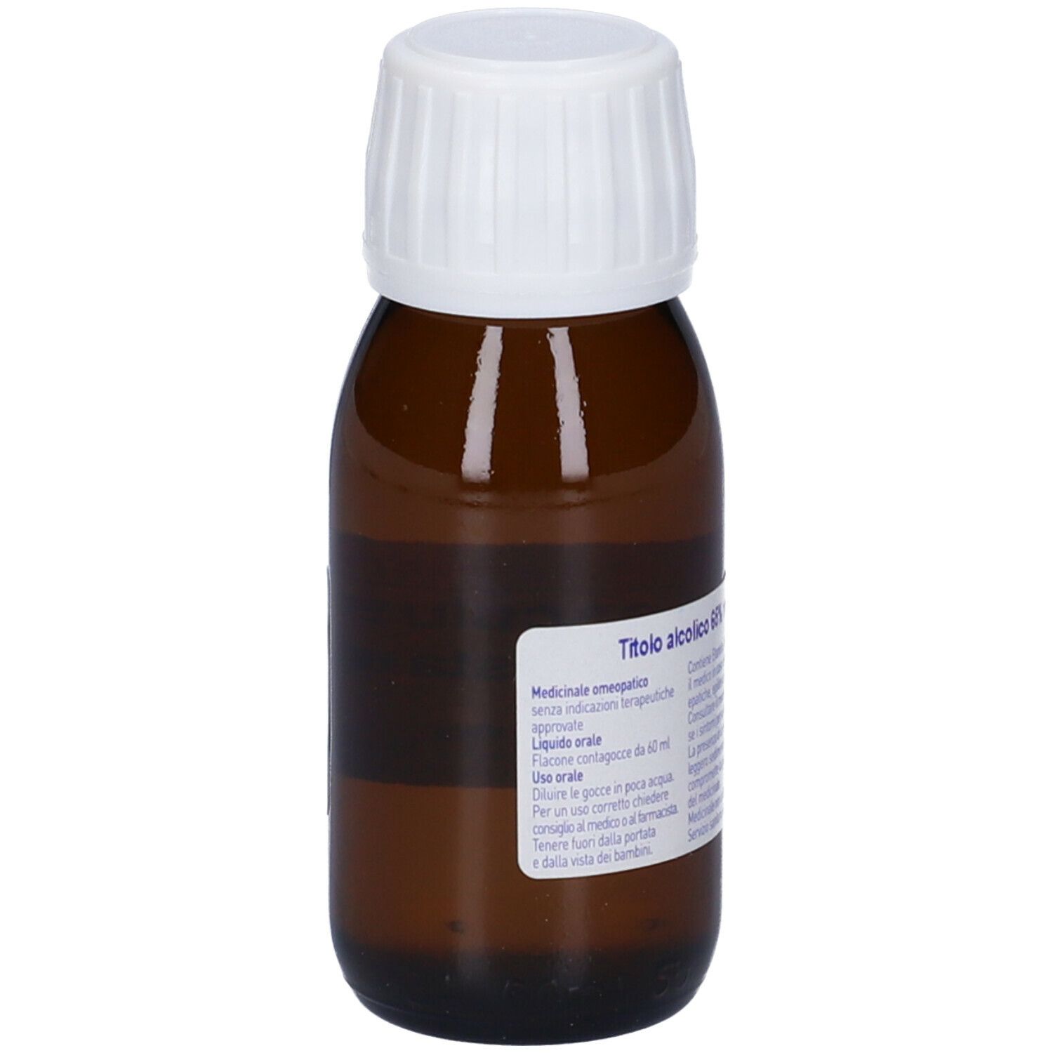 Flacone di vetro marrone con tappo bianco. Etichetta con informazioni. Scritto: Titolo alcolico 65% v/v.