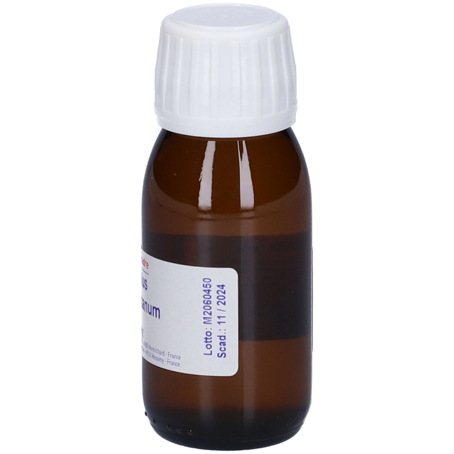 Flacone di vetro marrone con tappo bianco. Etichetta con informazioni. Scritto: Aesculus hippocastanum.