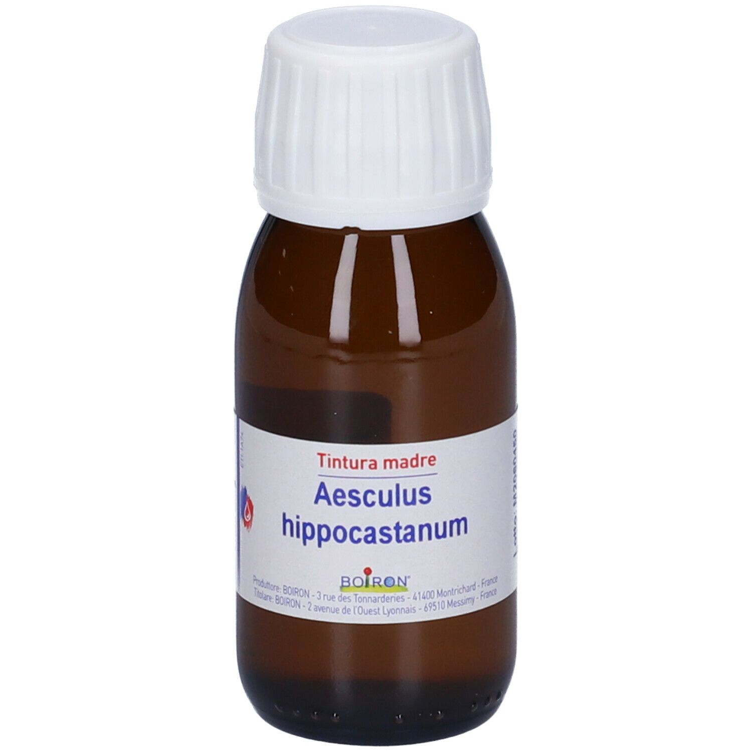 Flacone di vetro marrone con tappo bianco. Etichetta con informazioni. Scritto: Tintura madre Aesculus hippocastanum.