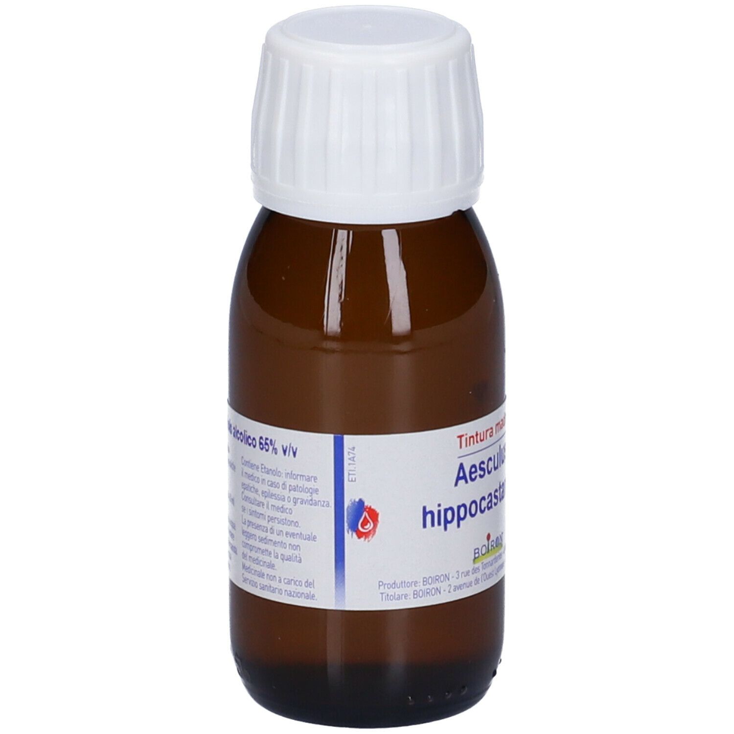 Flacone di vetro marrone con tappo bianco. Etichetta con informazioni. Scritto: Titolo alcolico 65% v/v.