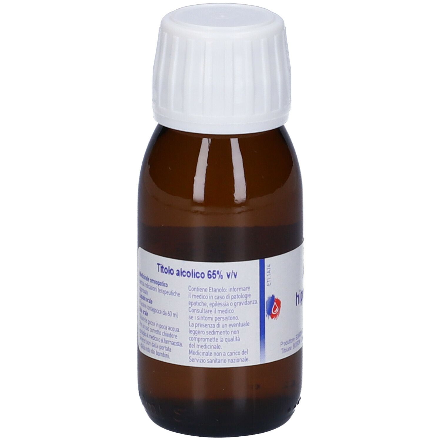 Flacone di vetro marrone con tappo bianco. Etichetta con informazioni. Scritto: Titolo alcolico 65% v/v.