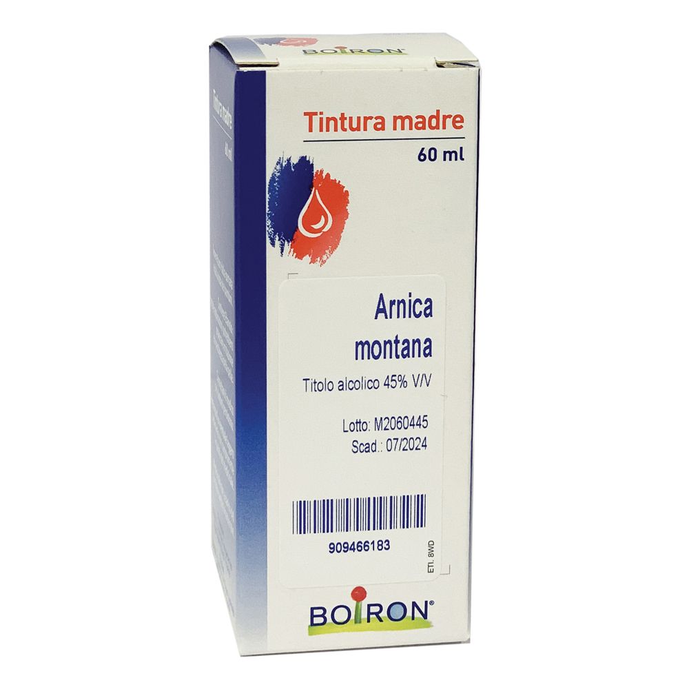 Scatola con etichetta. Scritto: Tintura madre, Arnica montana, 60 ml. Marchio BOIRON®.