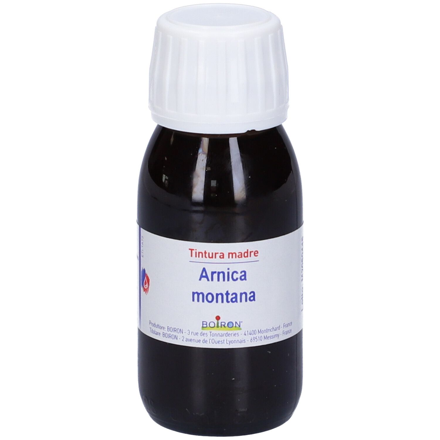 Liquido marrone in bottiglia di vetro con tappo bianco. Etichetta: Tintura madre, Arnica montana.