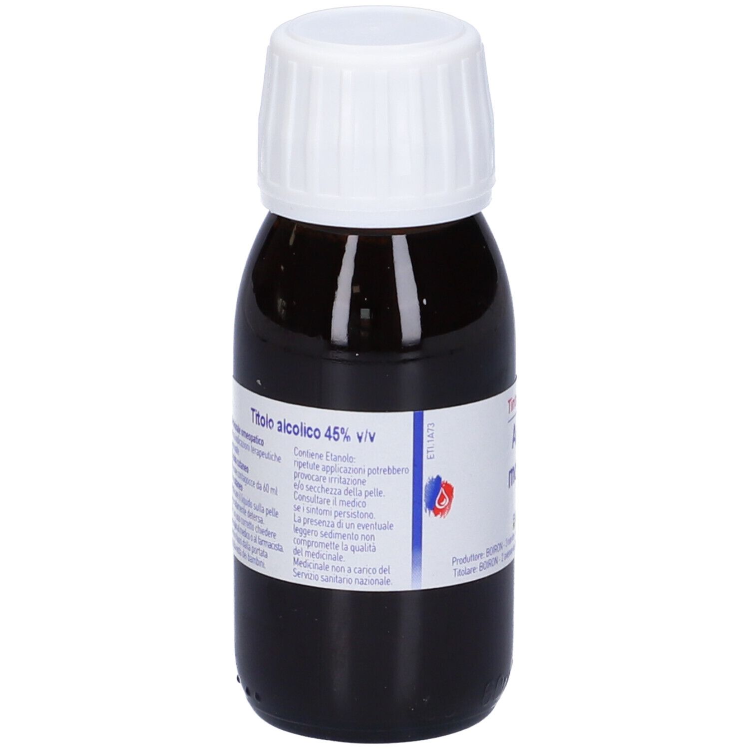 Liquido marrone in bottiglia di vetro con tappo bianco. Etichetta: Tintura madre, Arnica montana.