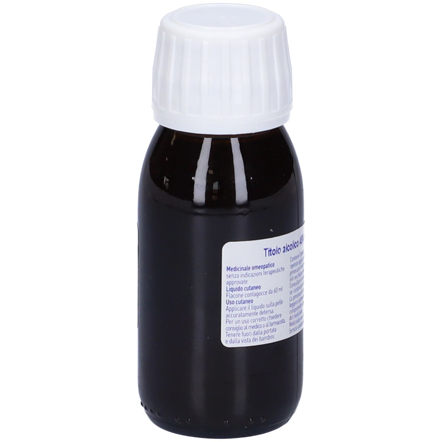 Liquido marrone in bottiglia di vetro con tappo bianco. Etichetta: Tintura madre, Arnica montana.