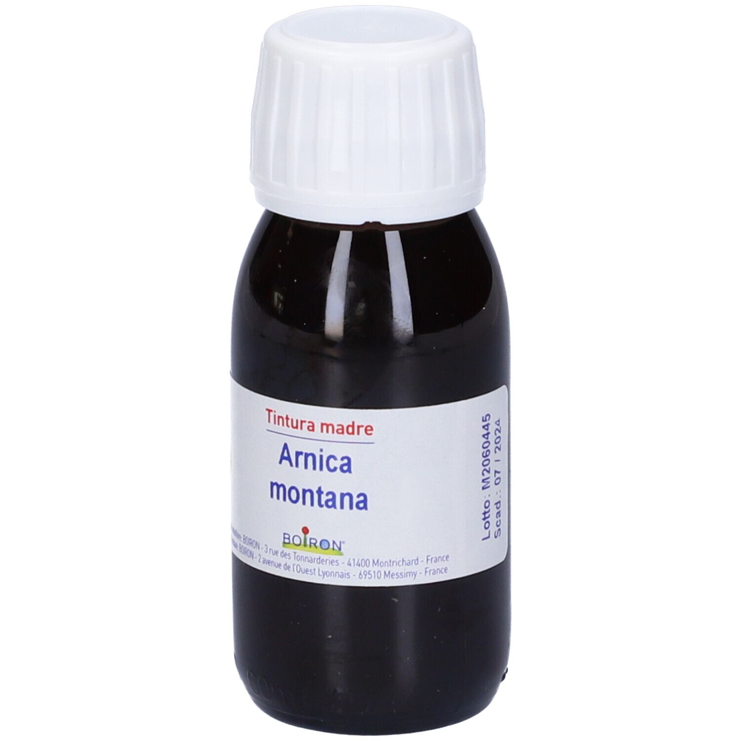 Liquido marrone in bottiglia di vetro con tappo bianco. Etichetta: Tintura madre, Arnica montana.