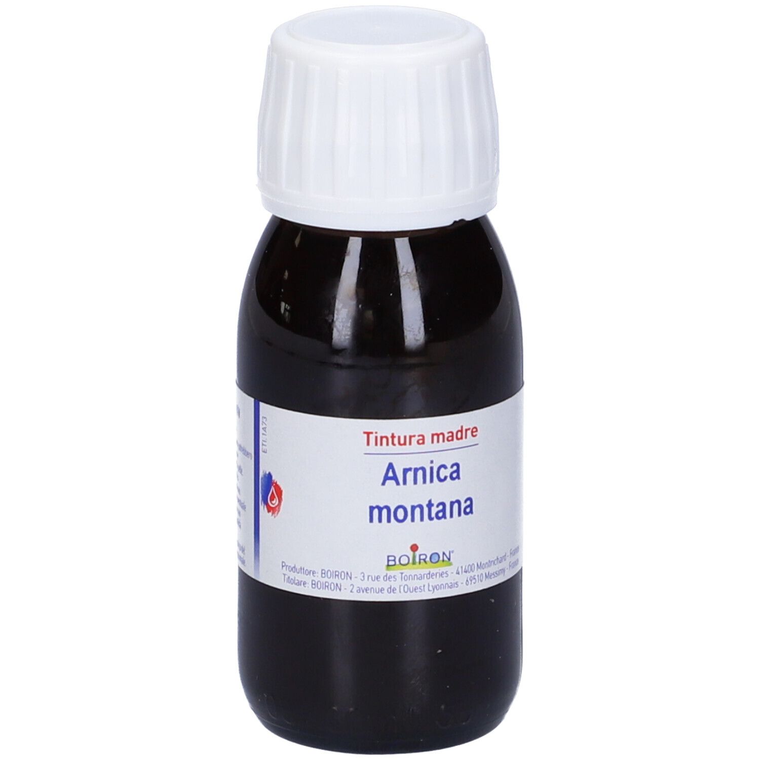 Liquido marrone in bottiglia di vetro con tappo bianco. Etichetta: Tintura madre, Arnica montana.