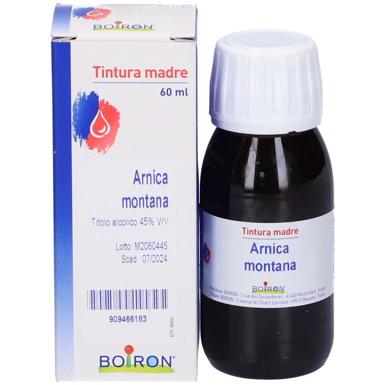 Bottiglia di vetro con liquido marrone e tappo bianco, accanto a confezione. Scritto: Tintura madre, Arnica montana.