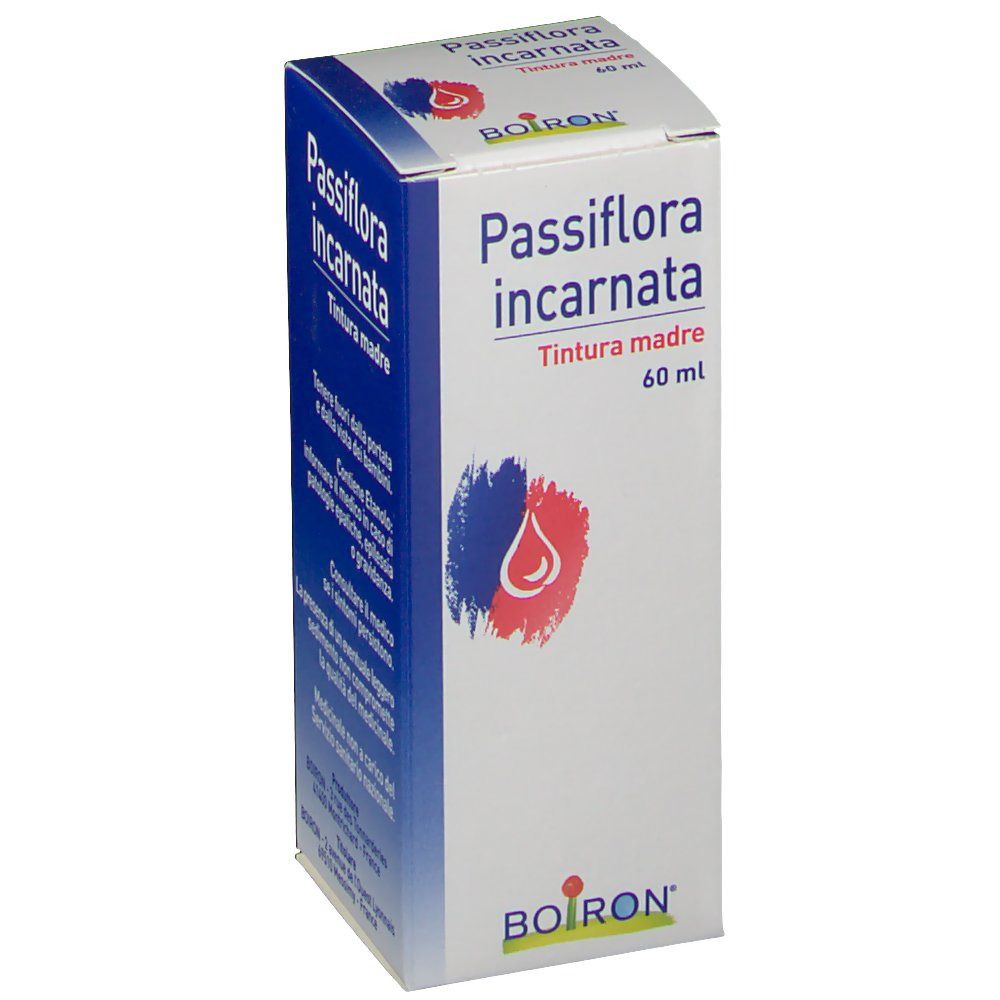 Confezione in cartone con nome del prodotto e logo. Grafica blu e rossa con goccia. Testo: Passiflora incarnata, Tintura madre.
