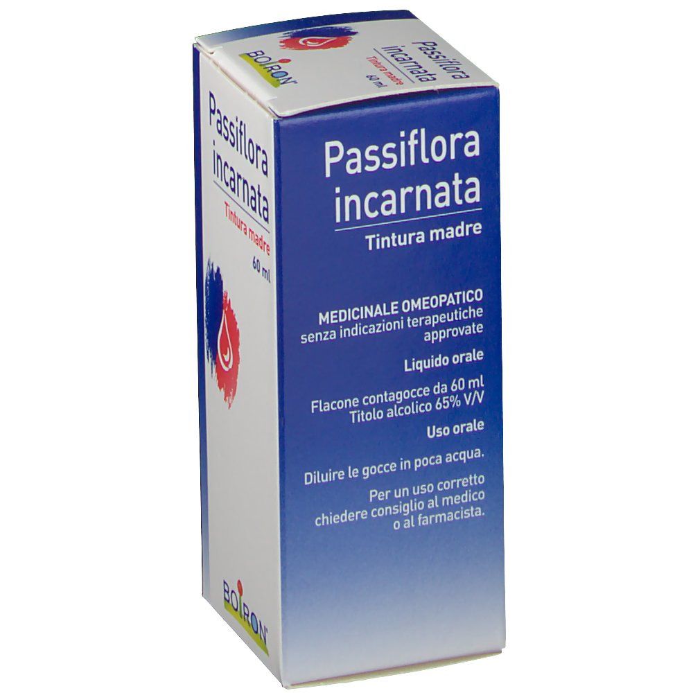 Confezione in cartone con nome del prodotto e logo. Testo: Passiflora incarnata, Tintura madre. Flacone da 60 ml. Medicinale omeopatico.