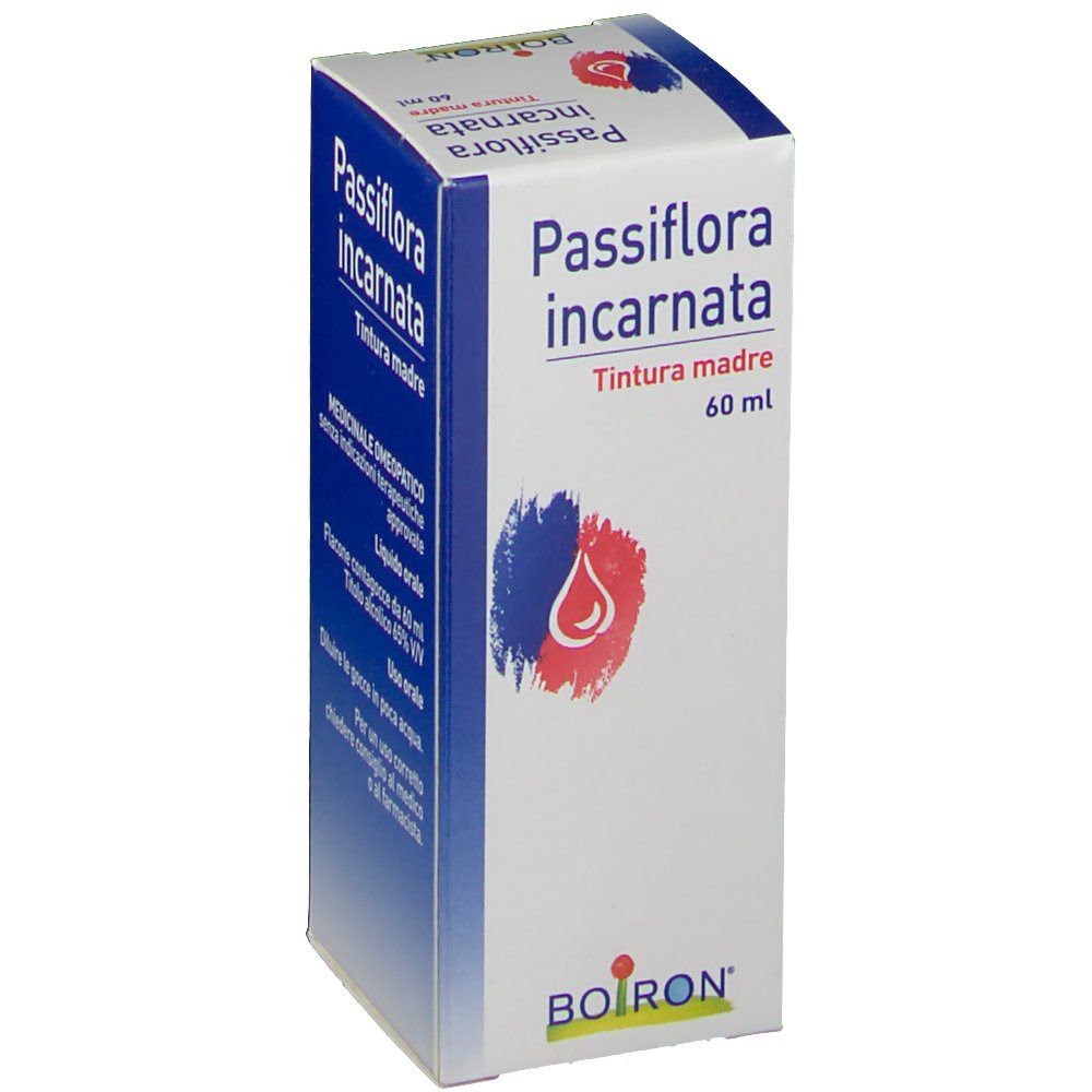Confezione in cartone con nome e logo del prodotto. Grafica blu e rossa con goccia. Testo: Passiflora incarnata, Tintura madre, 60 ml.