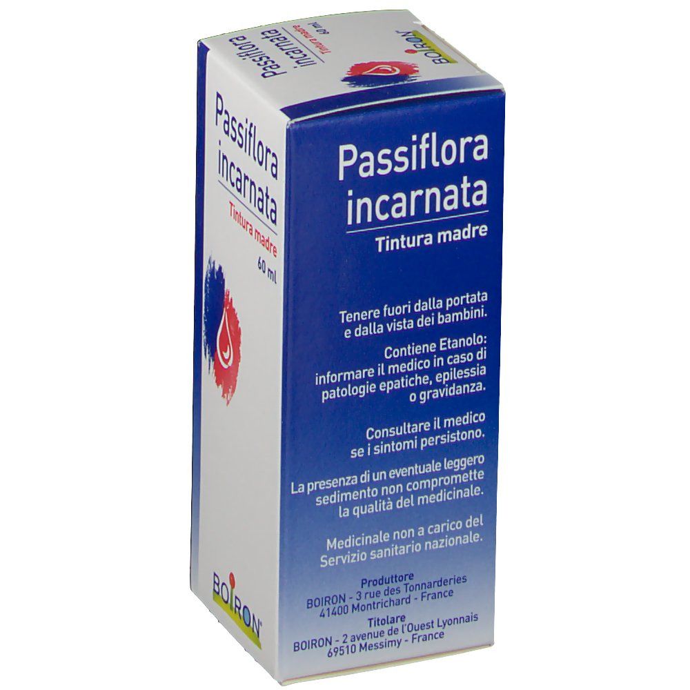 Confezione in cartone con nome e logo del prodotto. Testo: Passiflora incarnata, Tintura madre. Avvertenze e indirizzo del produttore.