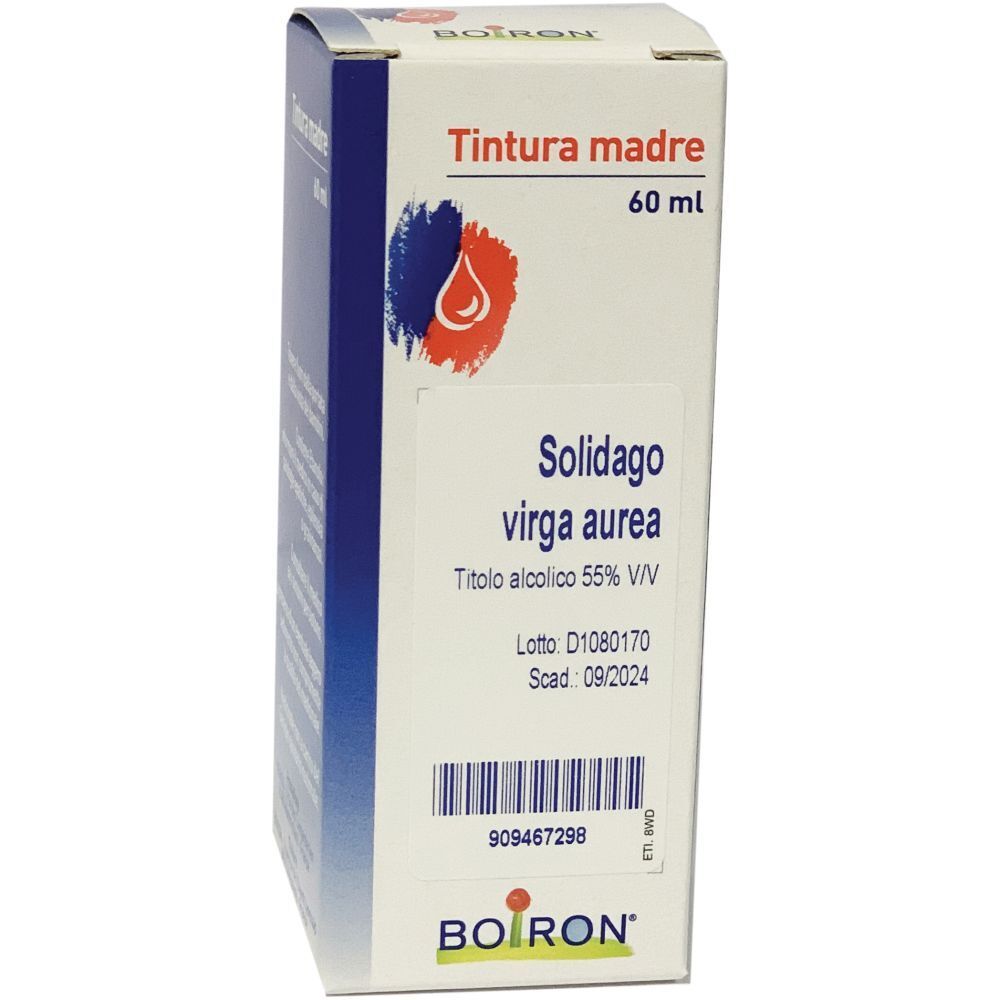 Scatola con etichetta. Scritto: Solidago virga aurea, Tintura madre. Marchio Boiron. 60 ml.