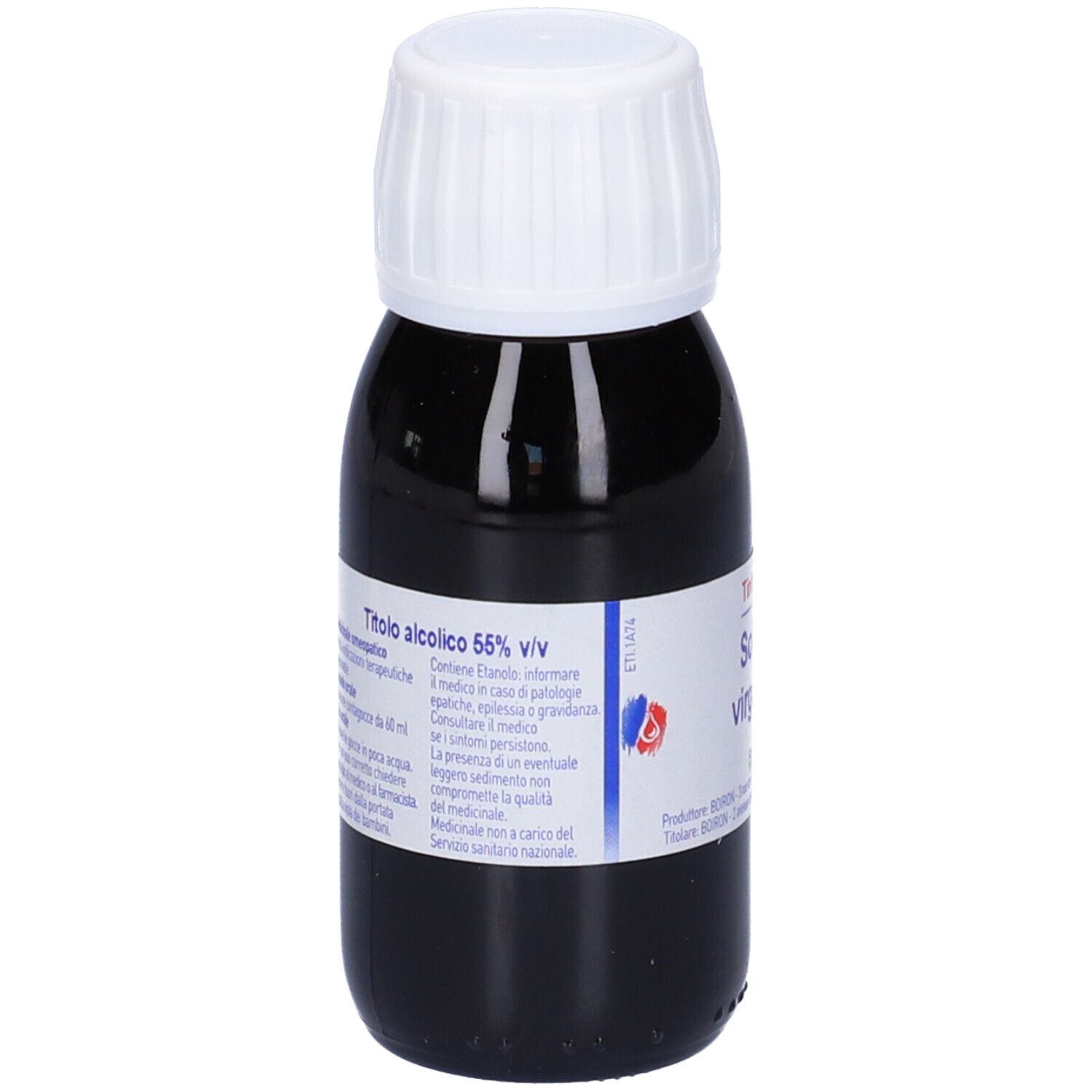 Flacone di vetro marrone, tappo bianco. Etichetta: Solidago virga aurea, Tintura madre. Marchio Boiron.