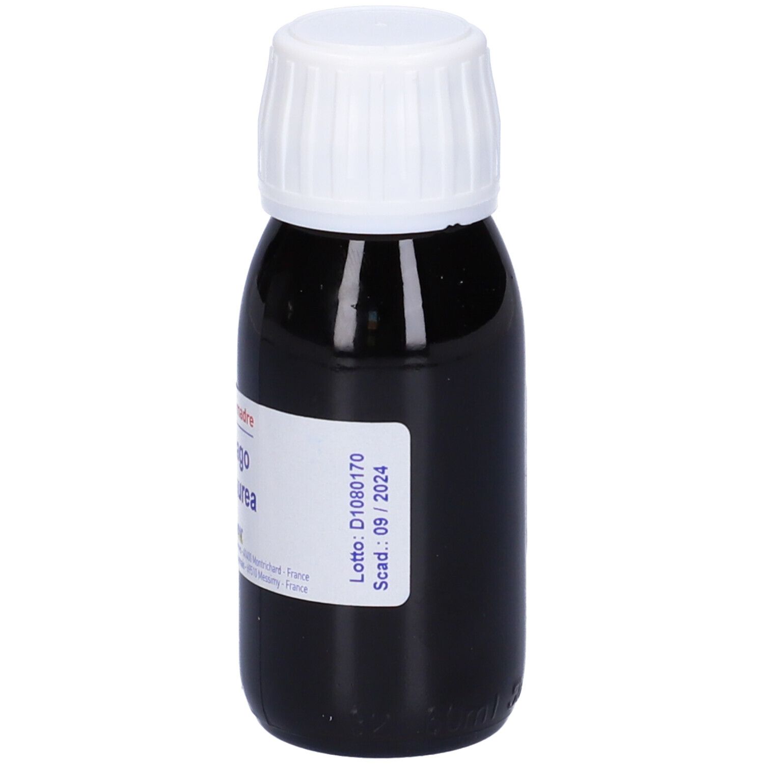 Flacone di vetro marrone, tappo bianco. Etichetta: Solidago virga aurea, Tintura madre. Marchio Boiron.