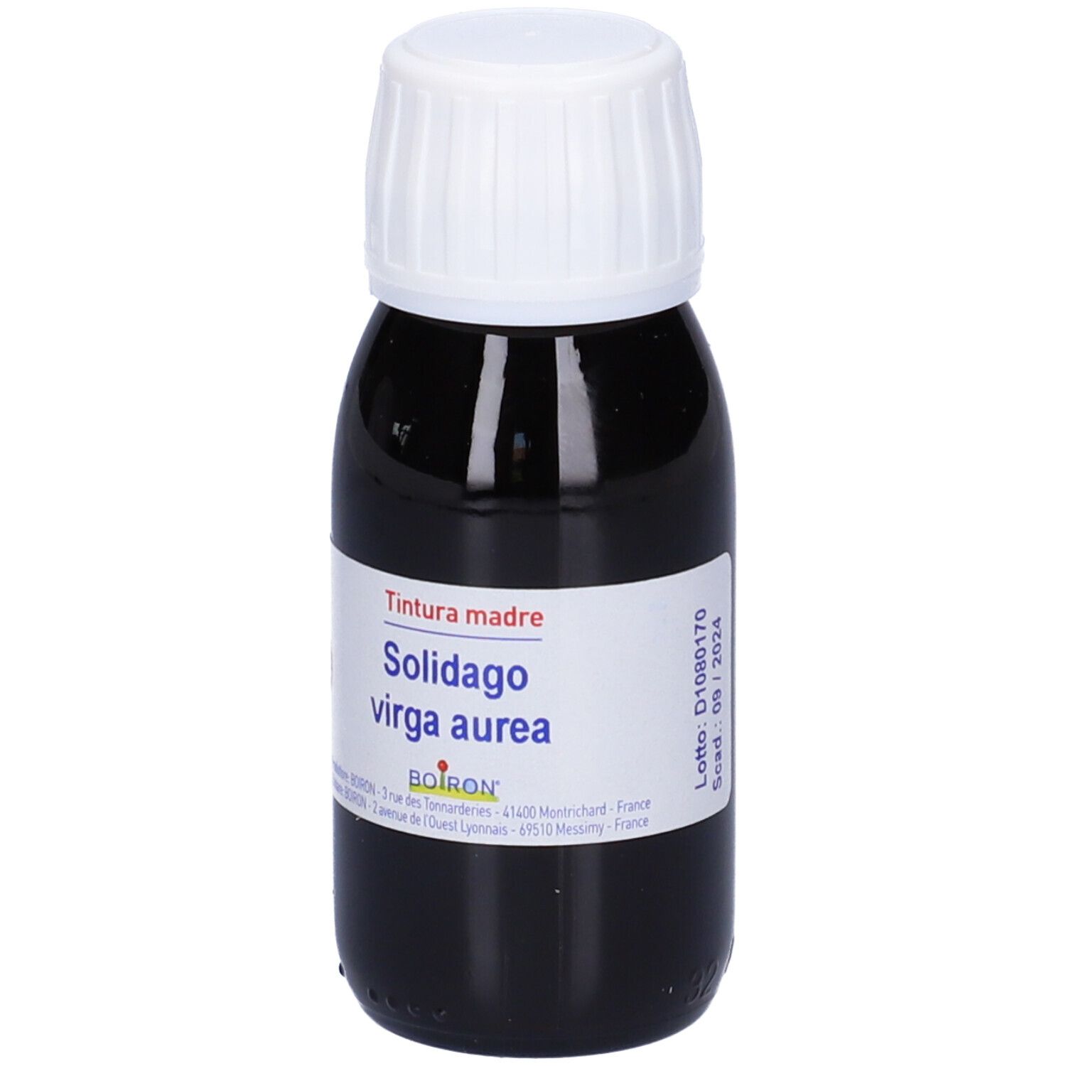 Flacone di vetro marrone, tappo bianco. Etichetta: Solidago virga aurea, Tintura madre. Marchio Boiron.