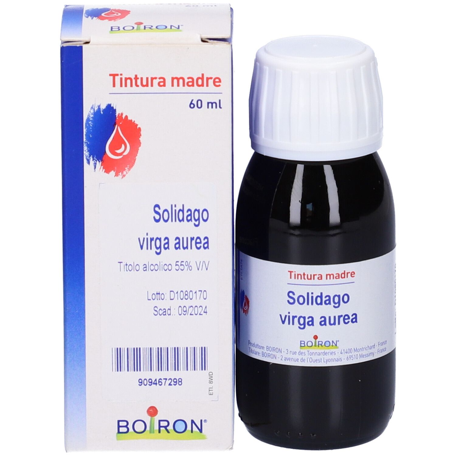 Flacone e scatola. Scritto: Solidago virga aurea, Tintura madre. Marchio Boiron. 60 ml.