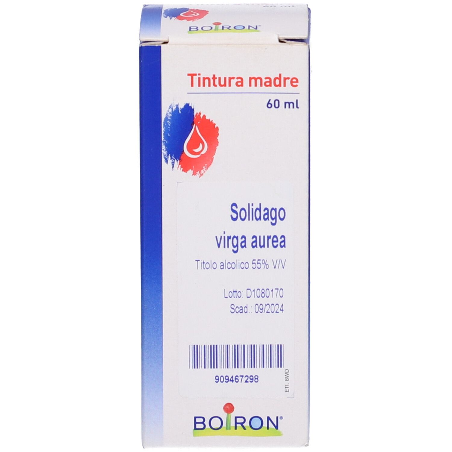 Scatola con etichetta. Scritto: Solidago virga aurea, Tintura madre. Marchio Boiron. 60 ml.
