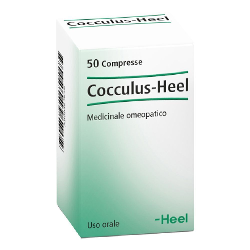Scatola bianca con fascia verde. Scritta: Cocculus-Heel, 50 compresse, Medicinale omeopatico. -Heel.
