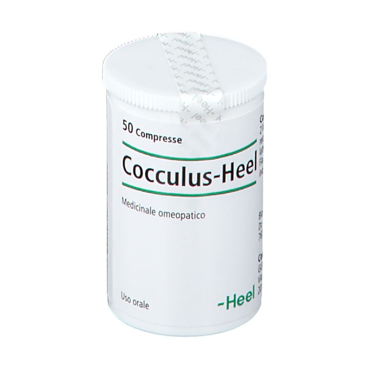 Flacone bianco di compresse con scritta: Cocculus-Heel, 50 compresse, Medicinale omeopatico. -Heel. Chiusura sigillata.