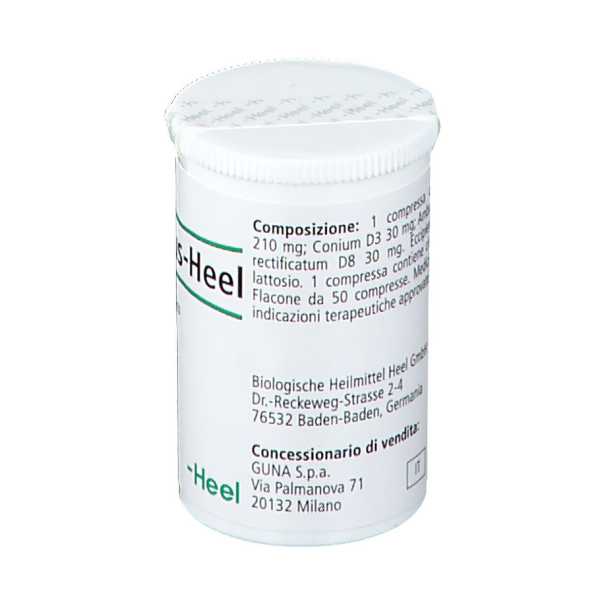 Flacone bianco di compresse con scritta: Cocculus-Heel, 50 compresse, Medicinale omeopatico. -Heel. Retro con testo.