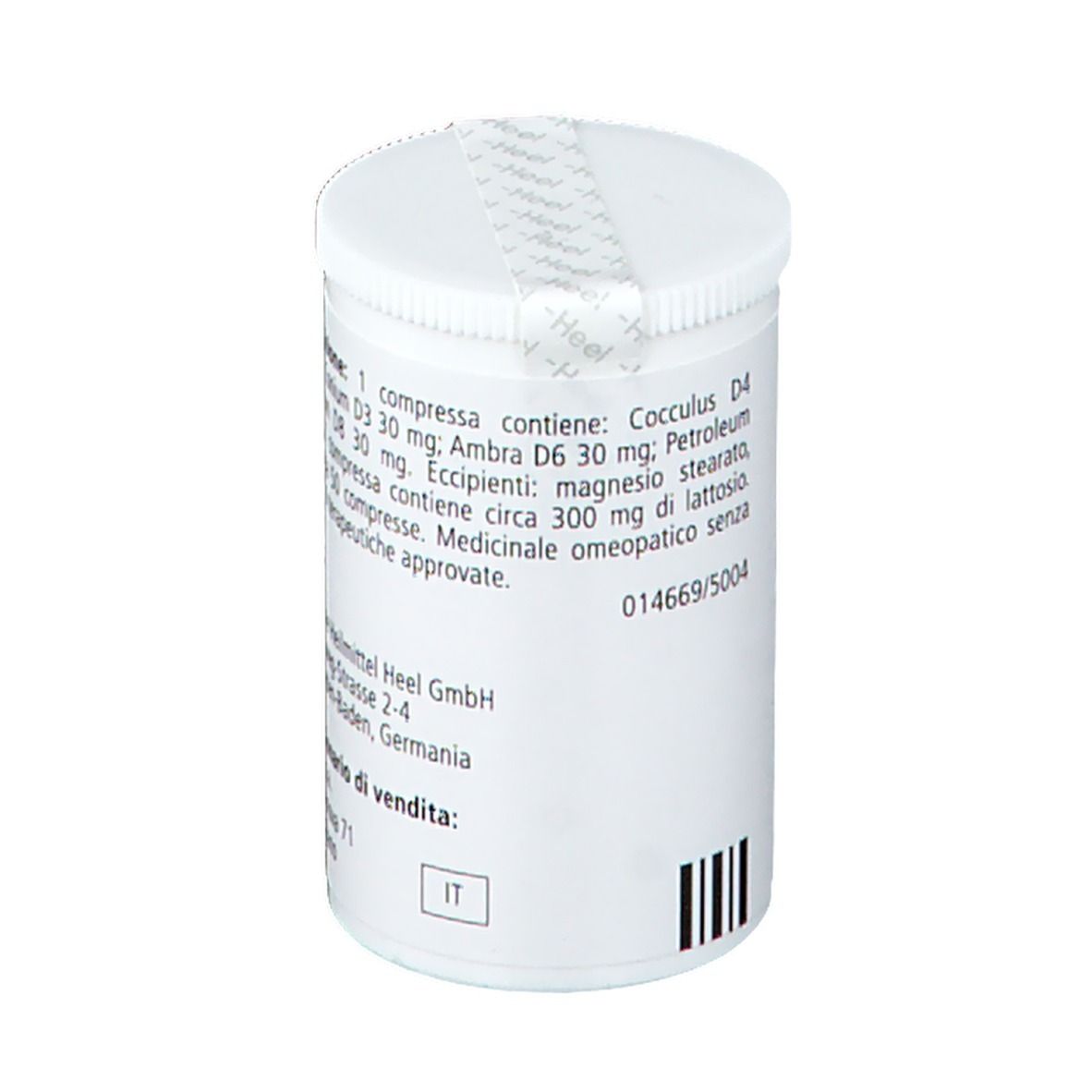Flacone bianco di compresse con scritta: Cocculus-Heel, 50 compresse, Medicinale omeopatico. -Heel. Retro con testo.