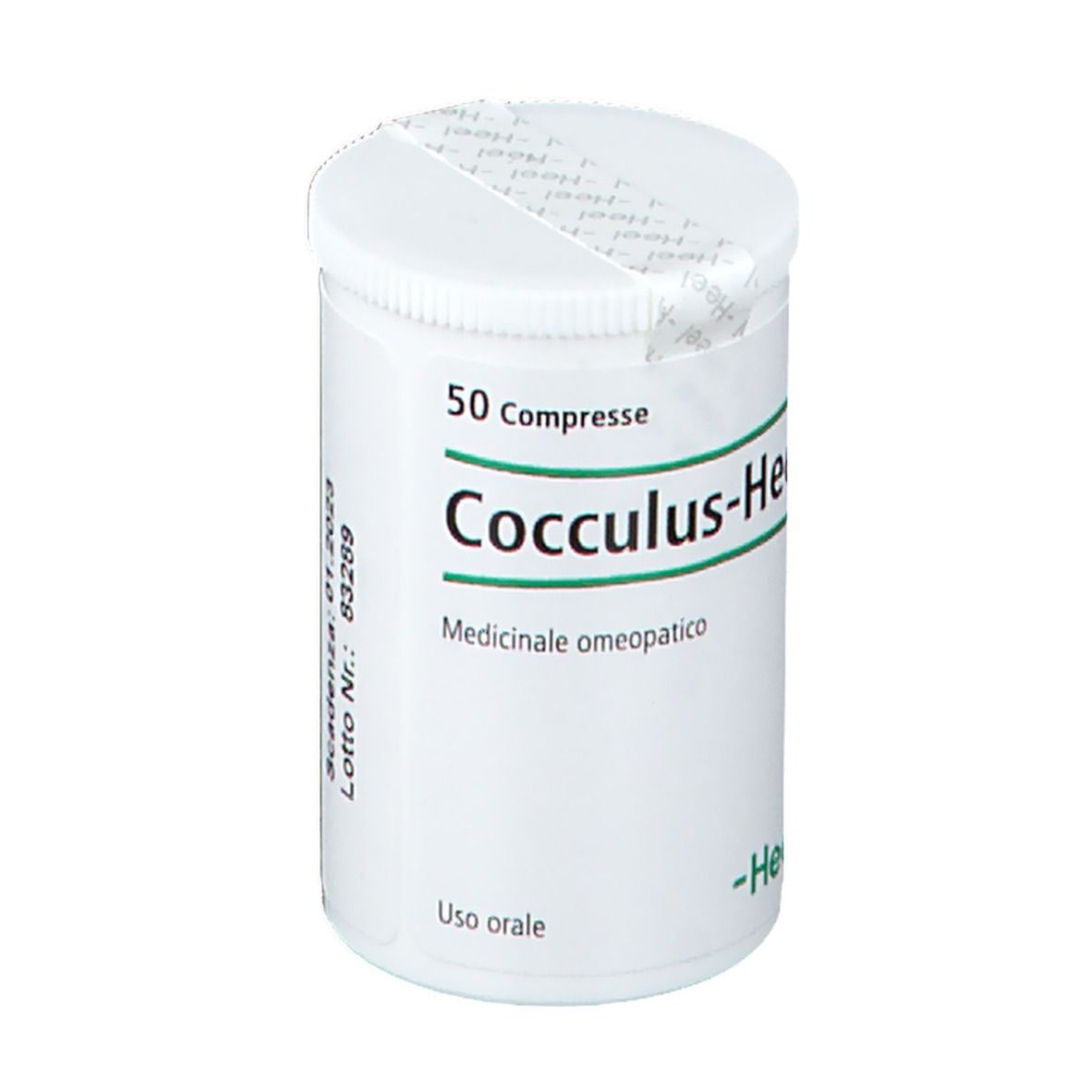 Flacone bianco di compresse con scritta: Cocculus-Heel, 50 compresse, Medicinale omeopatico. -Heel. Con numero di lotto.