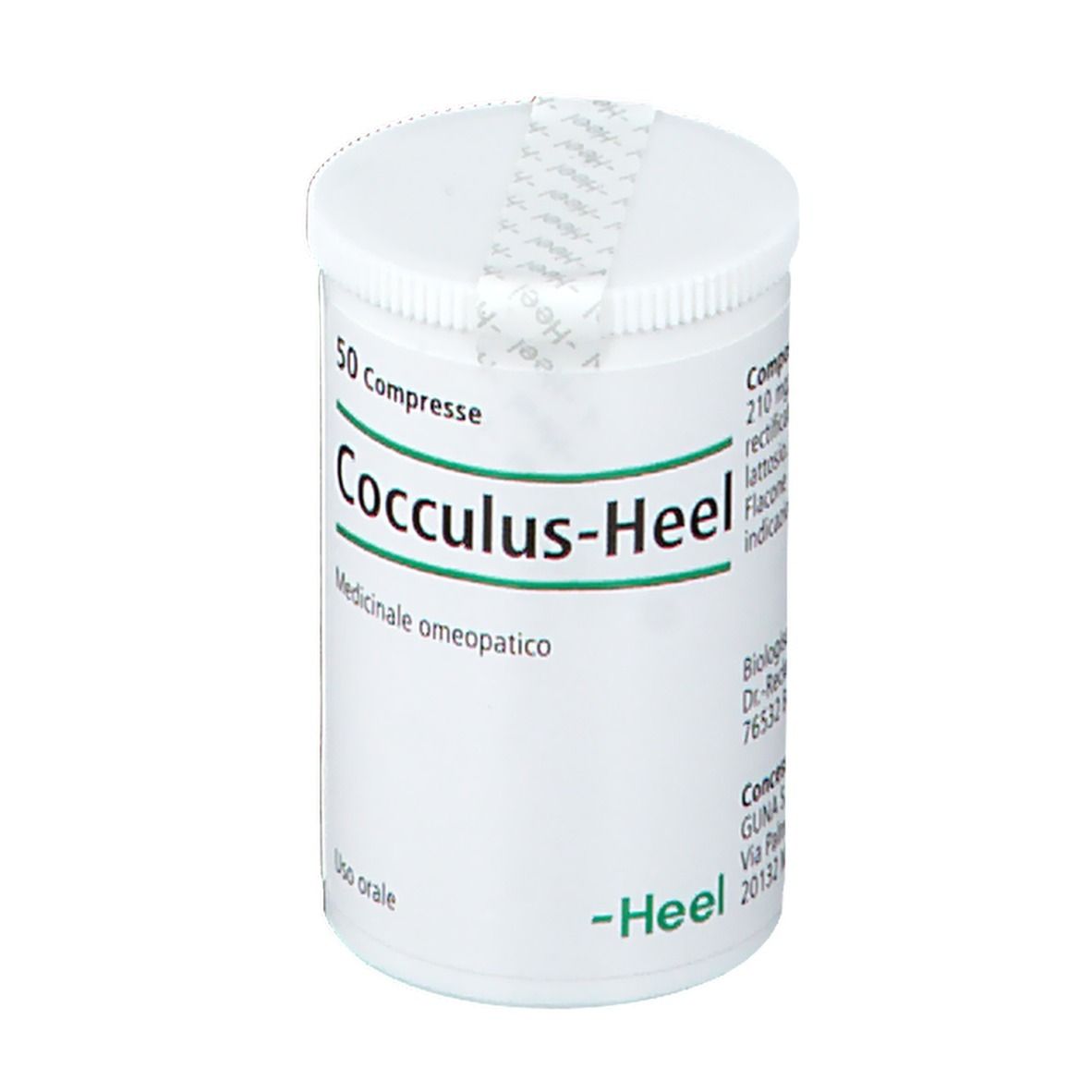 Flacone bianco di compresse con scritta: Cocculus-Heel, 50 compresse, Medicinale omeopatico. -Heel. Con numero di lotto.