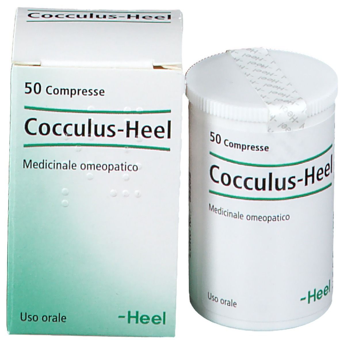 Flacone e scatola di compresse bianche. Scritta: Cocculus-Heel, 50 compresse, Medicinale omeopatico. -Heel. Flacone aperto.