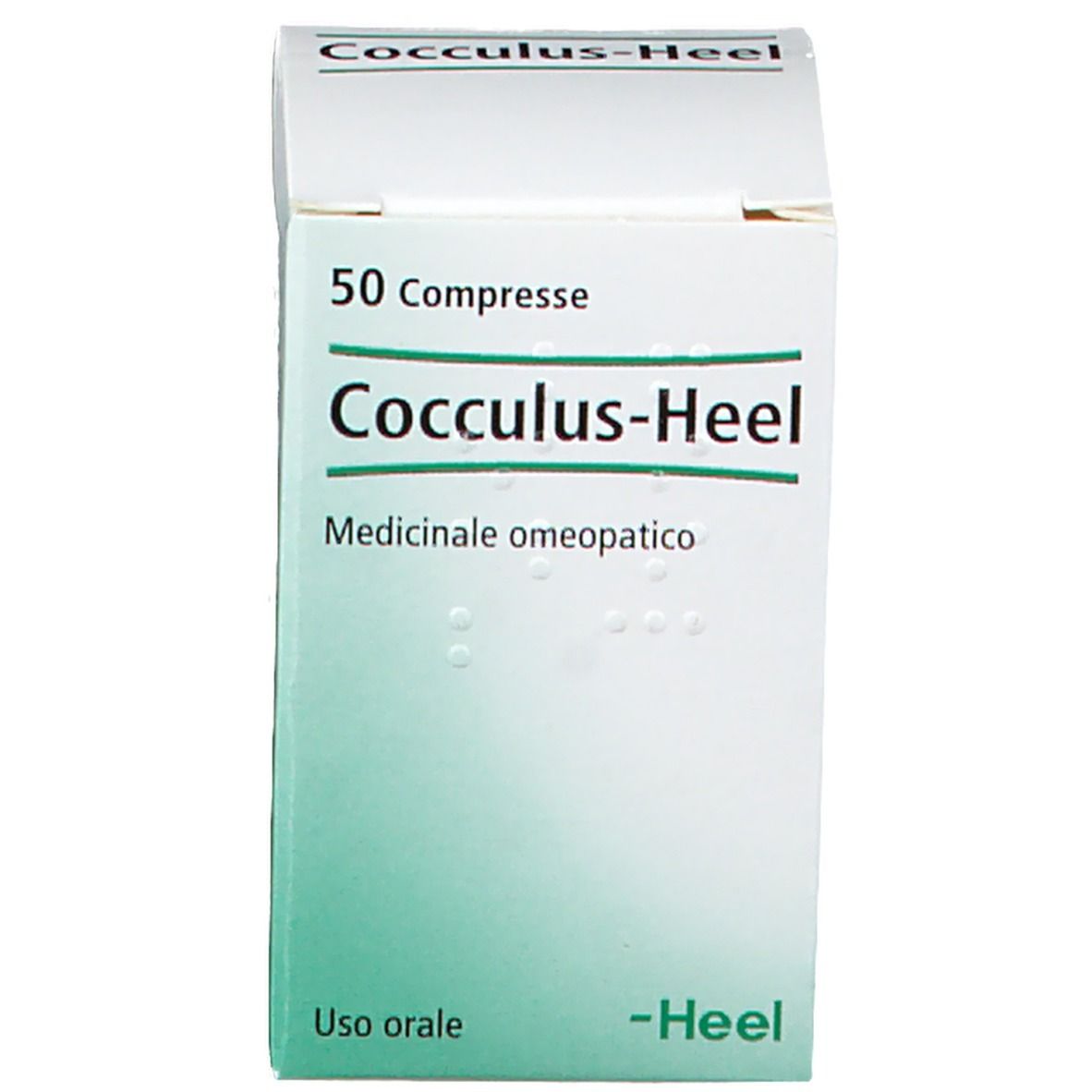 Scatola bianca con scritta: Cocculus-Heel, 50 compresse, Medicinale omeopatico. -Heel.