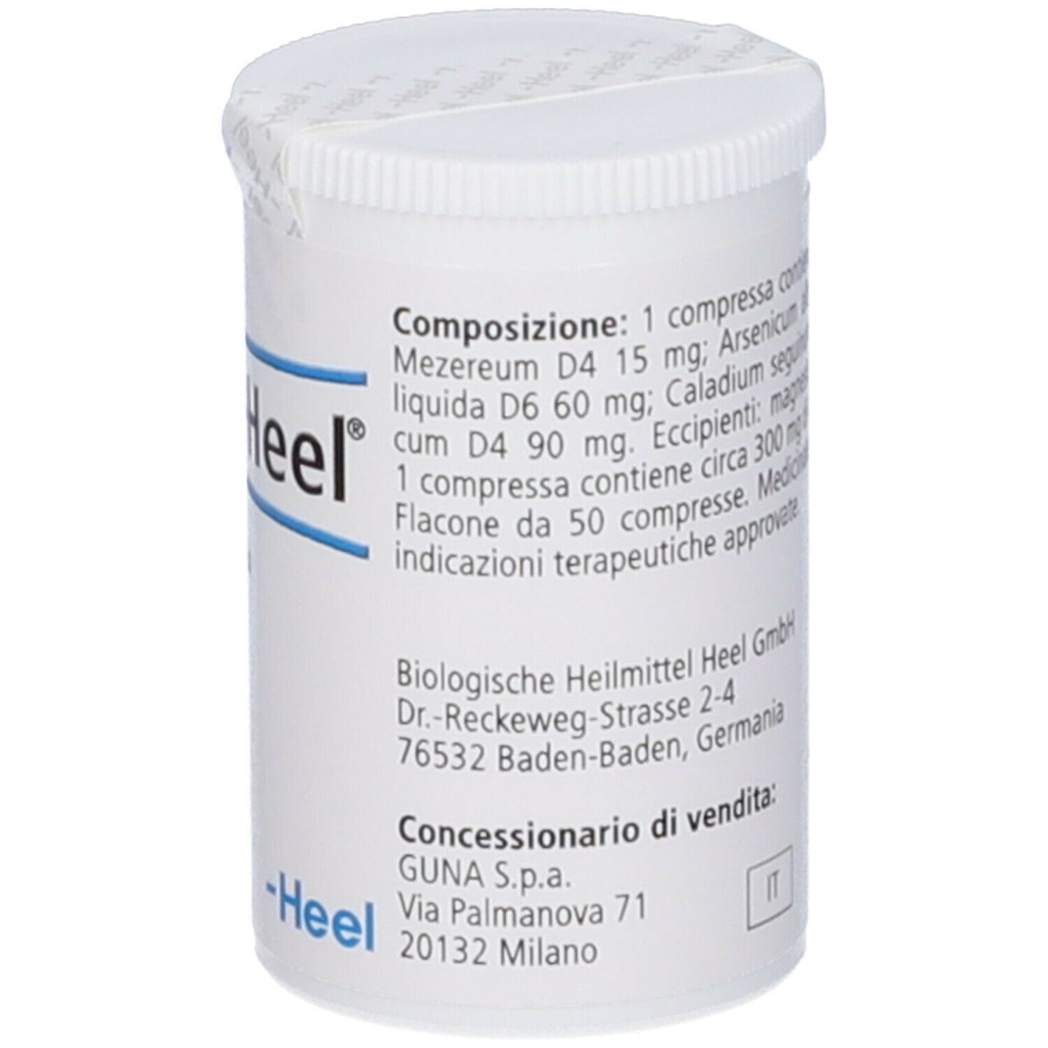 Barattolo bianco di compresse Sulfur-Heel. 50 compresse. Medicinali. Elenco ingredienti.