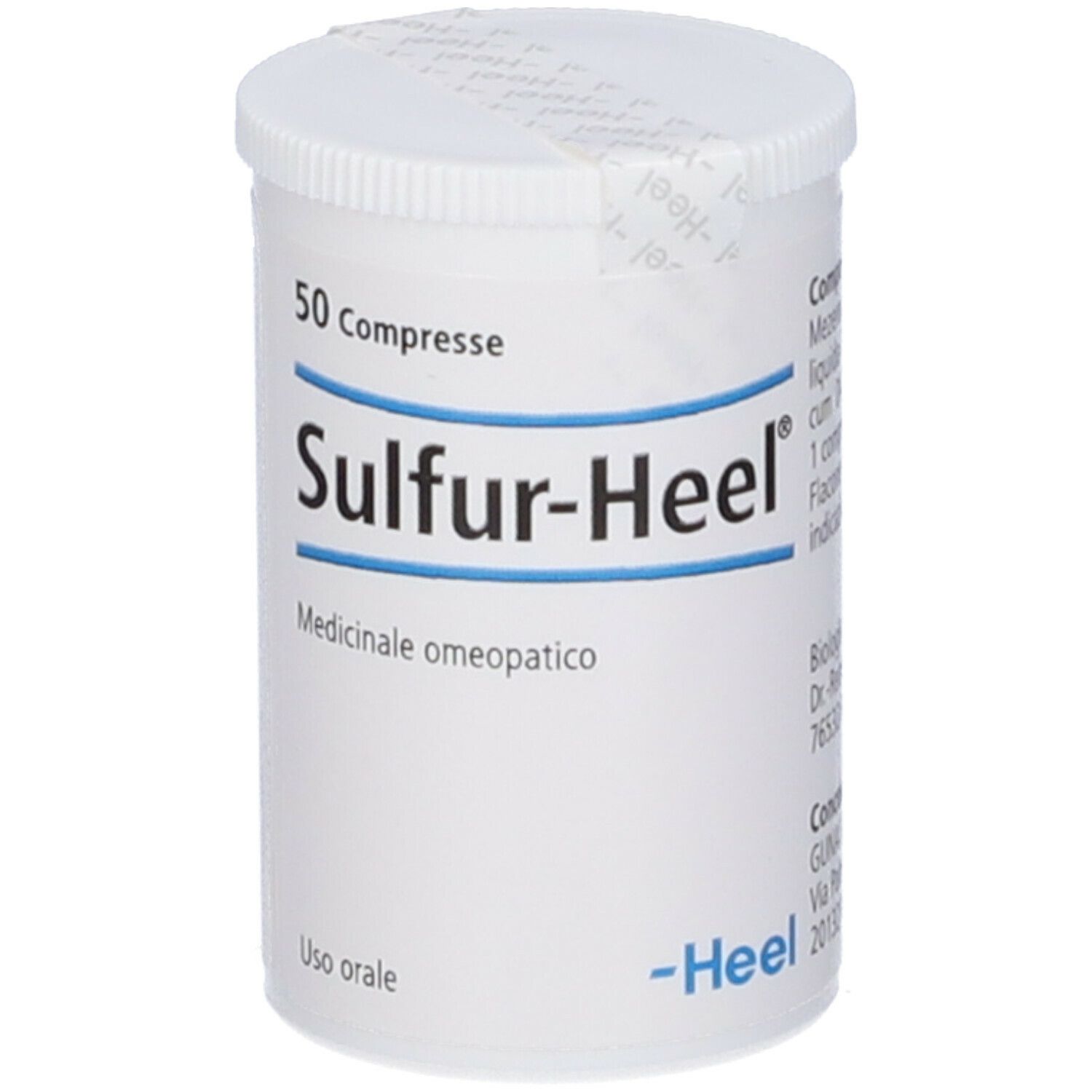 Barattolo bianco di compresse Sulfur-Heel. 50 compresse. Medicinali. Banda blu.