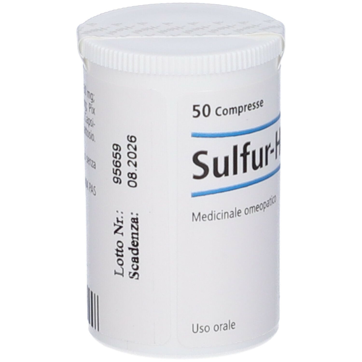Barattolo bianco di compresse Sulfur-Heel. 50 compresse. Medicinali. Scadenza.