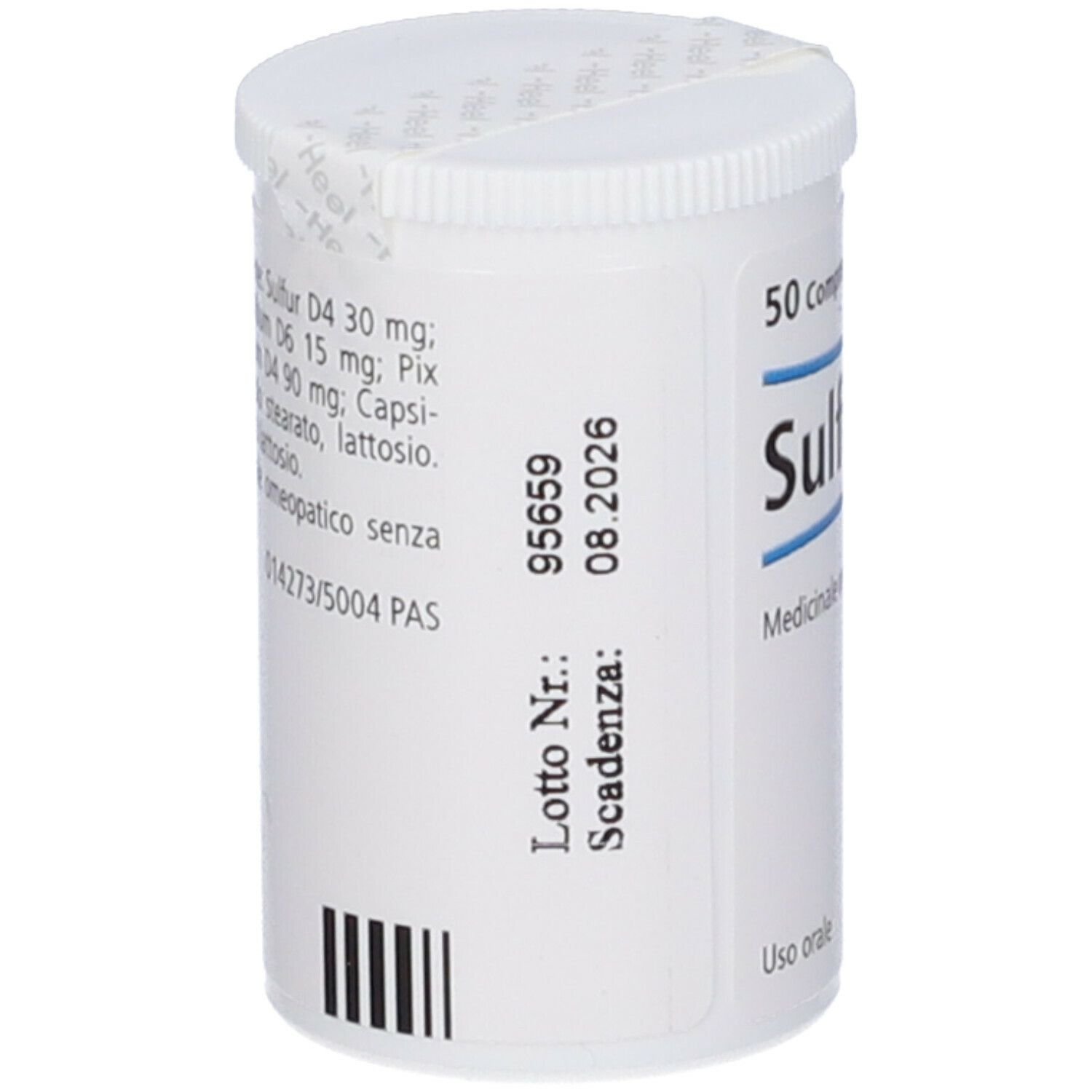 Barattolo bianco di compresse Sulfur-Heel. 50 compresse. Medicinali. Elenco ingredienti.