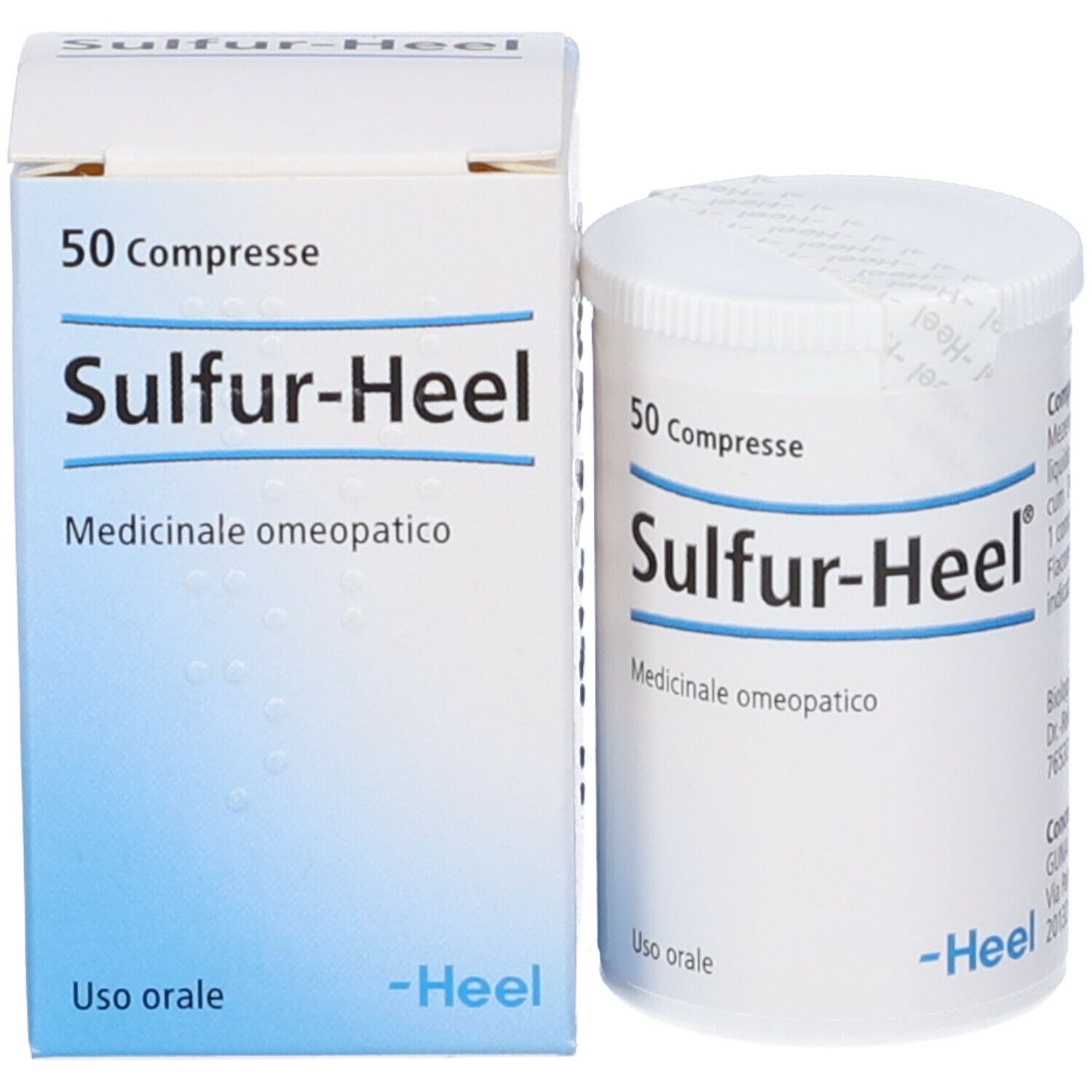 Barattolo e scatola di compresse Sulfur-Heel. 50 compresse. Medicinali. Bianco e blu.