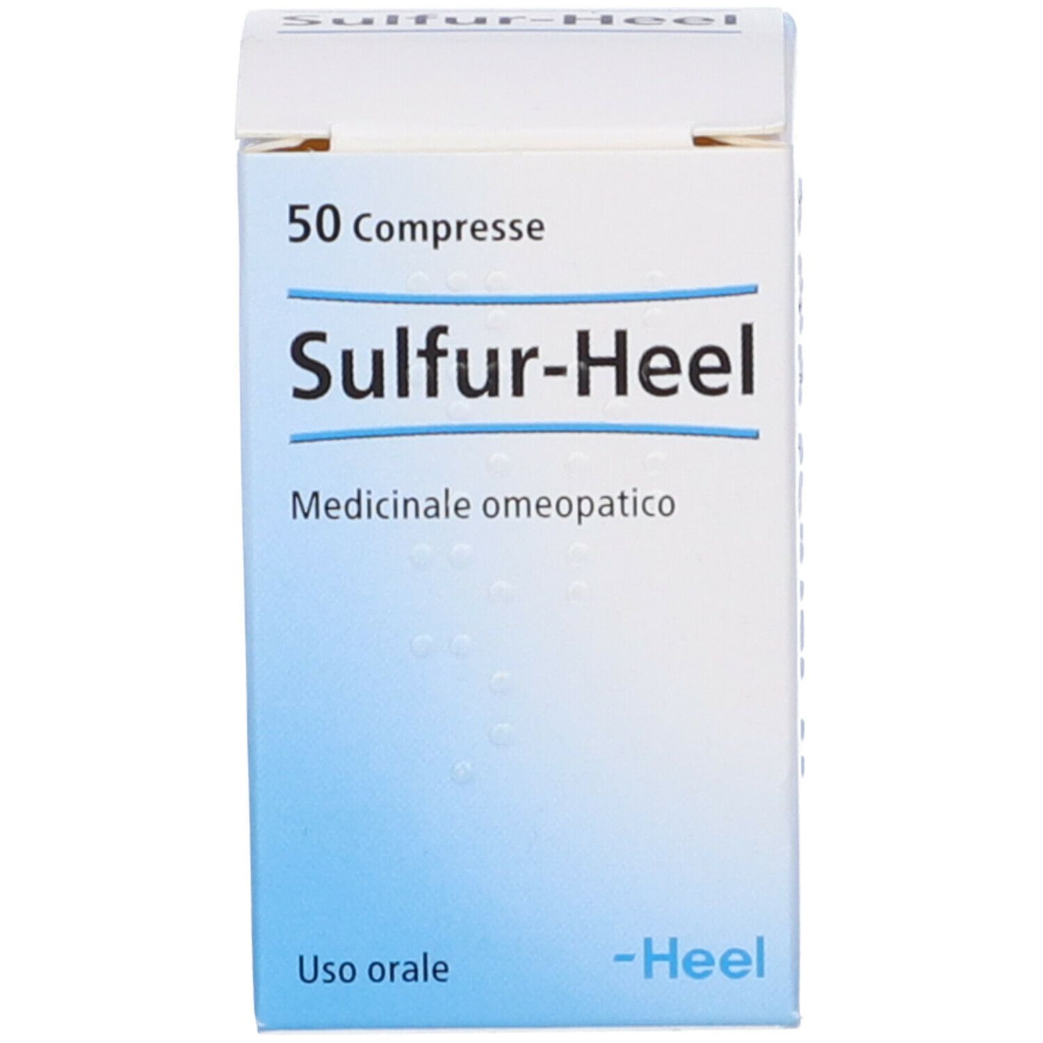 Scatola di compresse Sulfur-Heel. 50 compresse. Medicinali. Bianco e blu.