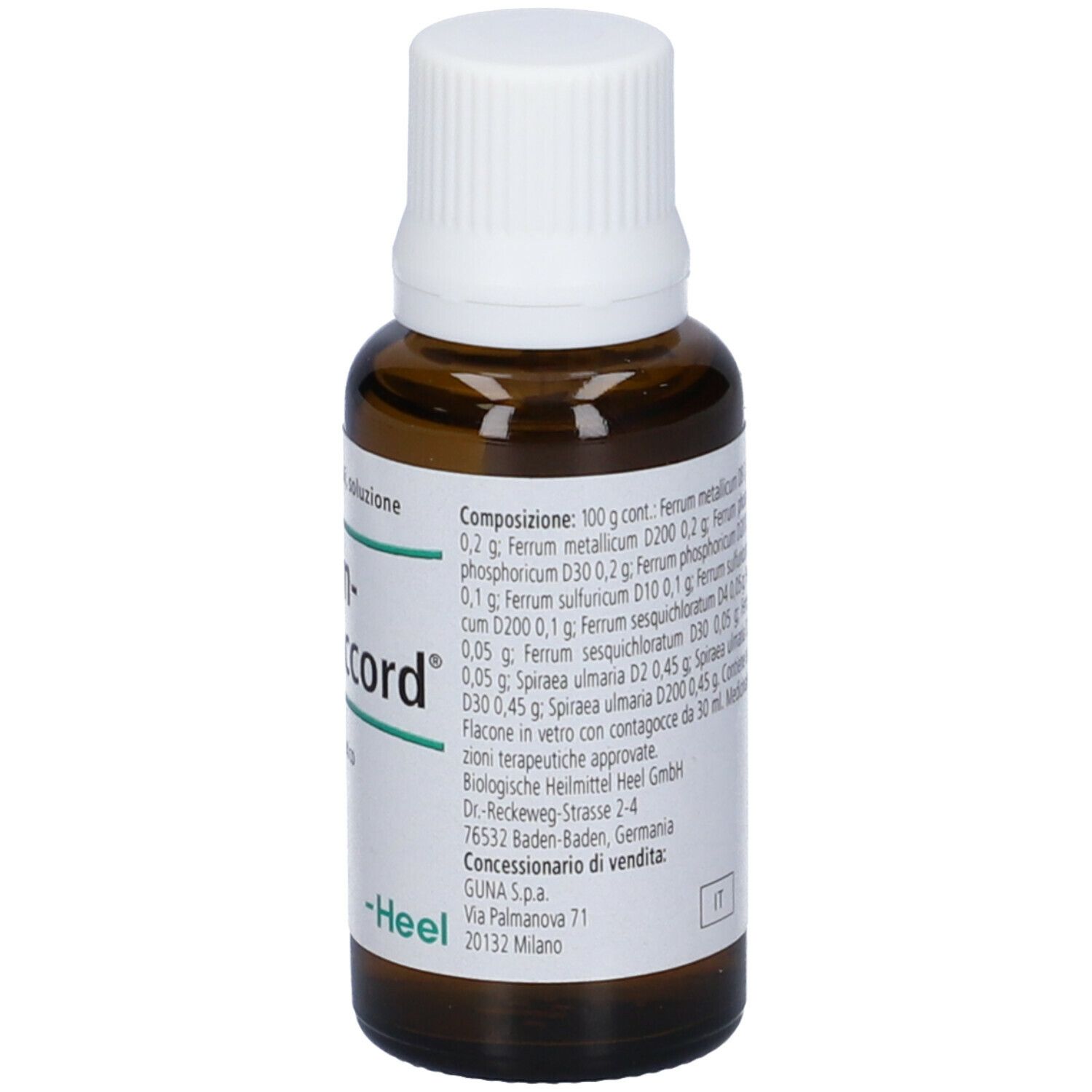 Flacone di vetro marrone con tappo bianco. Etichetta con ingredienti e informazioni produttore. Marchio Heel.