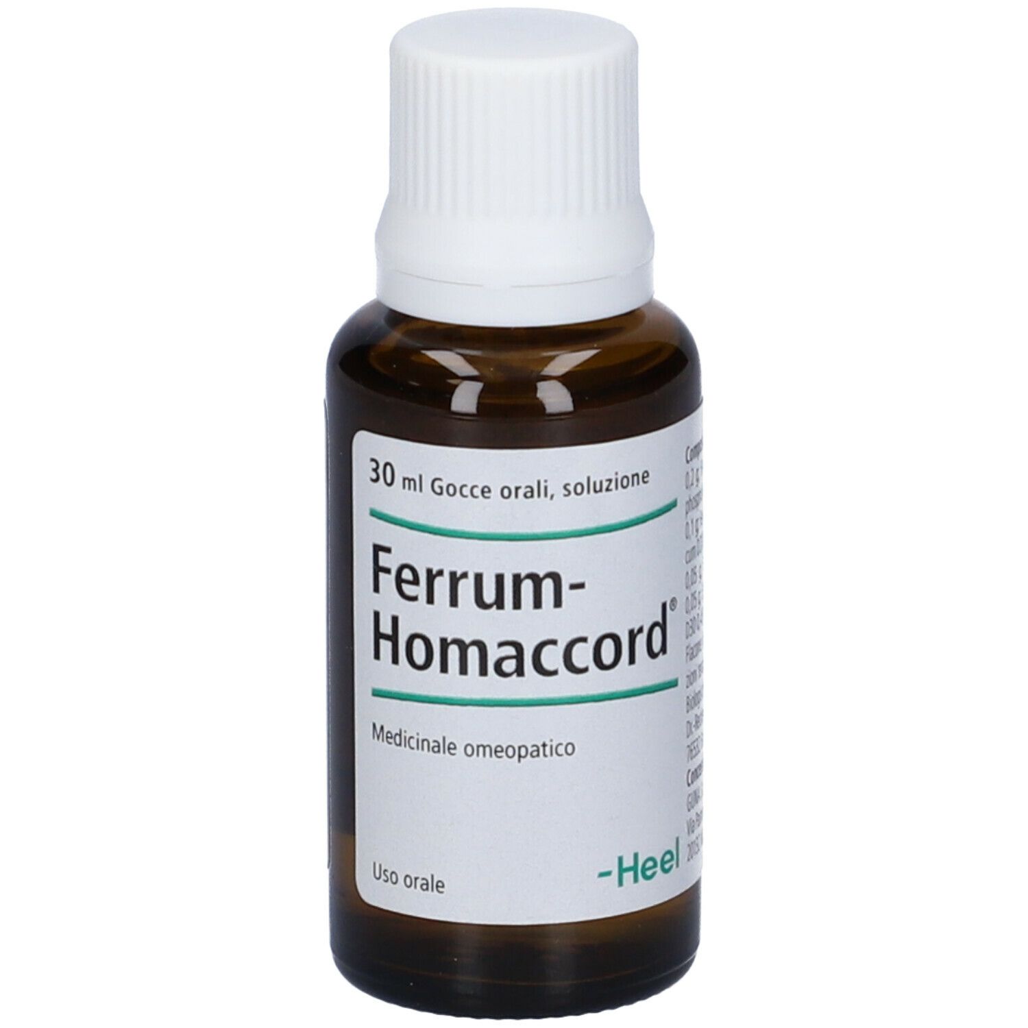 Flacone di vetro marrone con tappo bianco. Etichetta con nome prodotto Ferrum-Homaccord e indicazione medica.