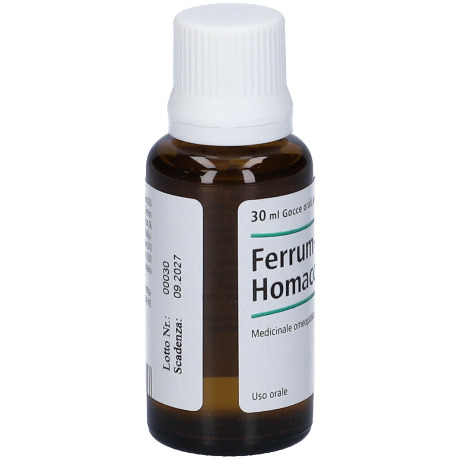 Flacone di vetro marrone con tappo bianco. Etichetta con nome prodotto, indicazione medica e scadenza 09.2027.