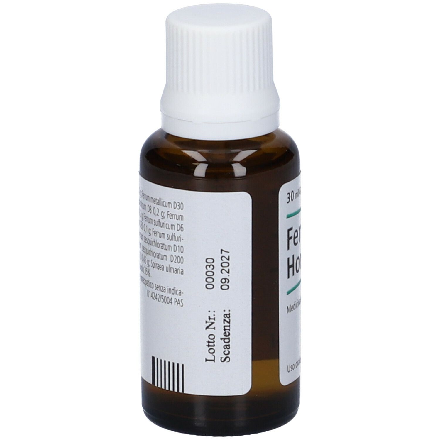 Flacone di vetro marrone con tappo bianco. Etichetta con nome prodotto, indicazione medica e scadenza 09.2027.
