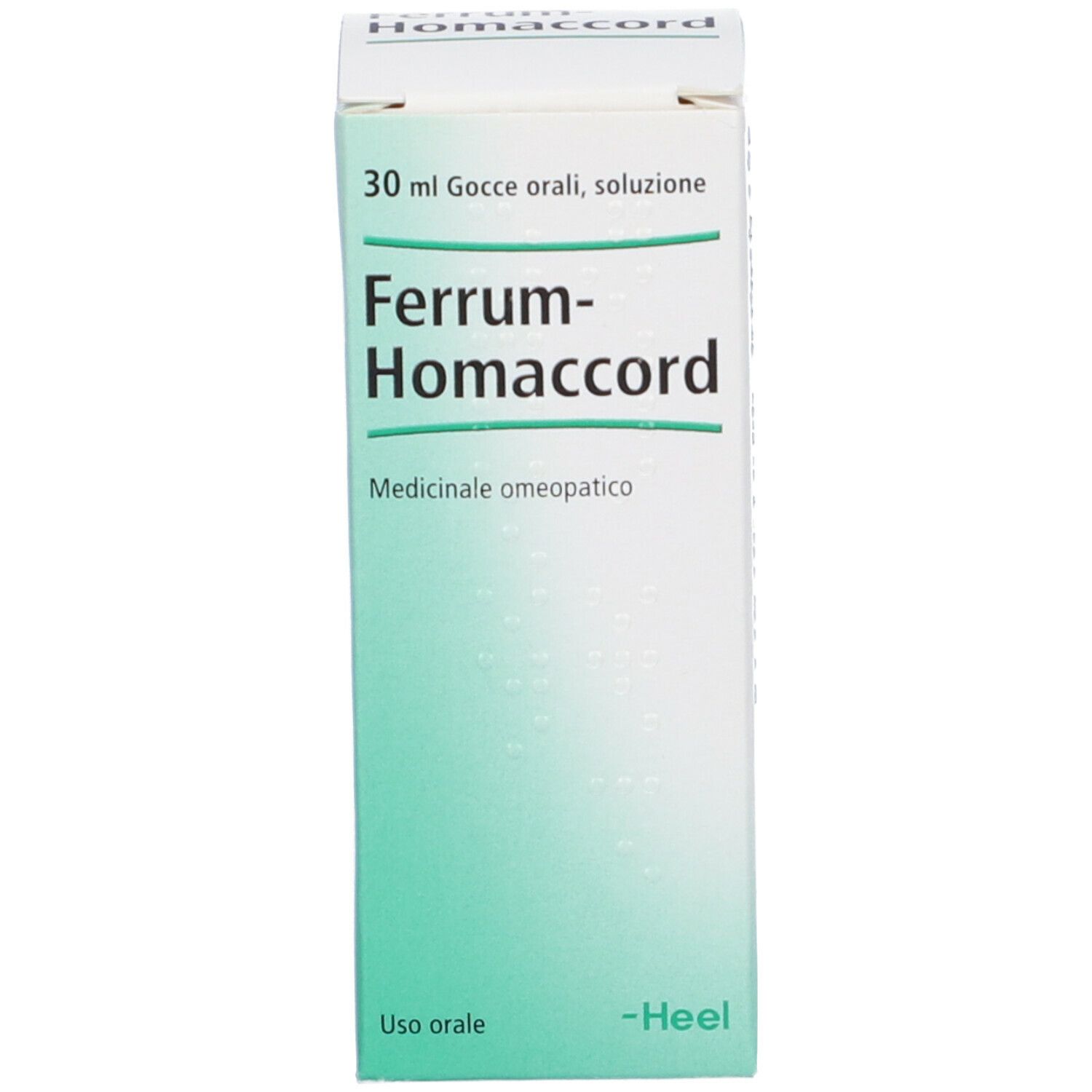 Confezione del prodotto. Scatola bianca con nome prodotto Ferrum-Homaccord e indicazione medica.
