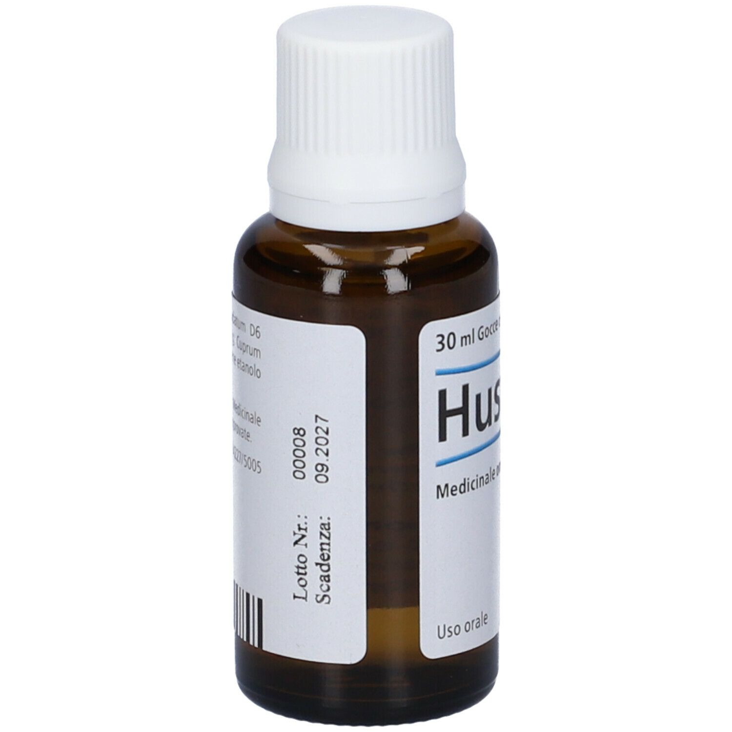 Flacone di vetro marrone con tappo bianco ed etichetta. Scritta: 30 ml, Husteel, Uso orale.
