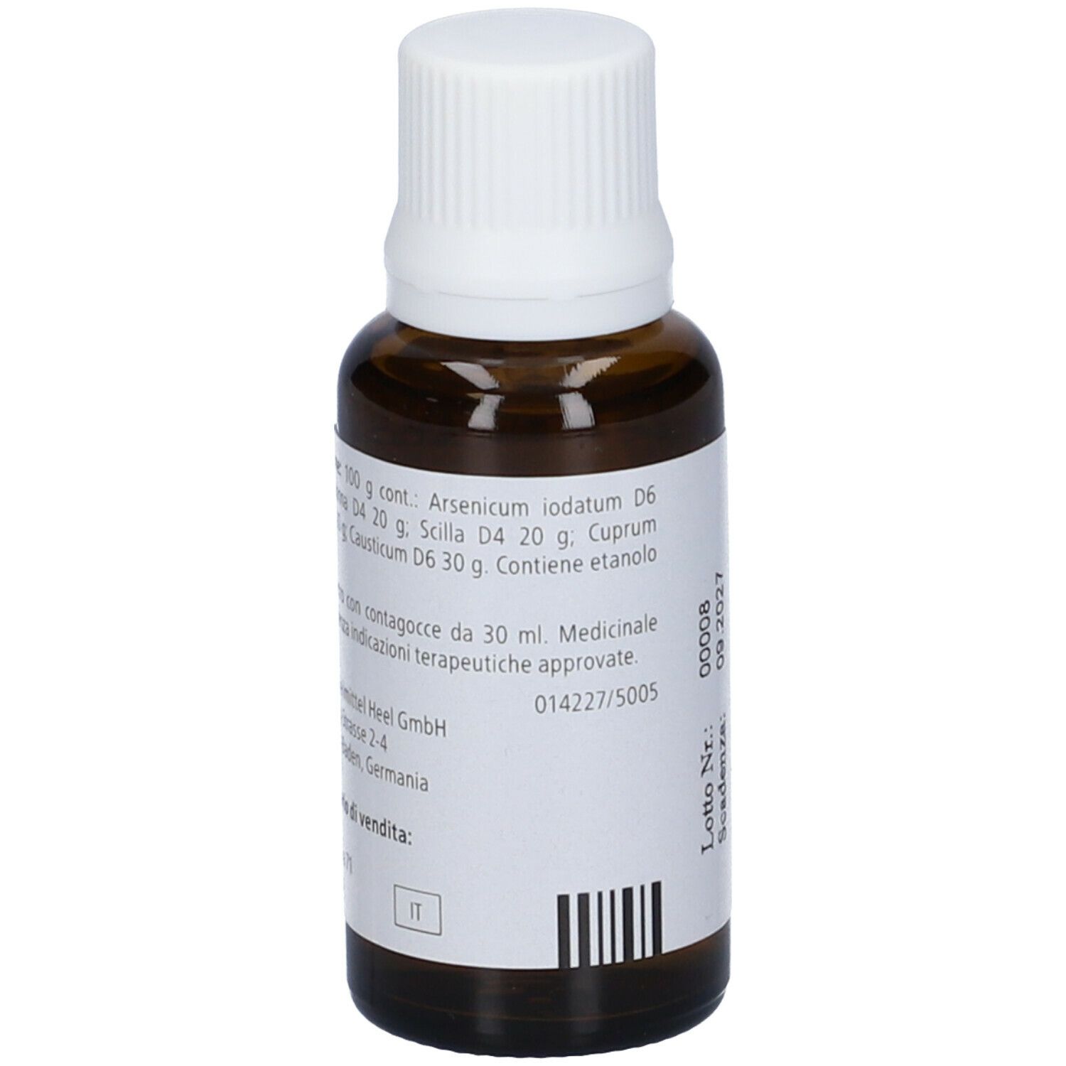 Flacone di vetro marrone con tappo bianco ed etichetta. Contiene ingredienti. Codice a barre e scadenza.