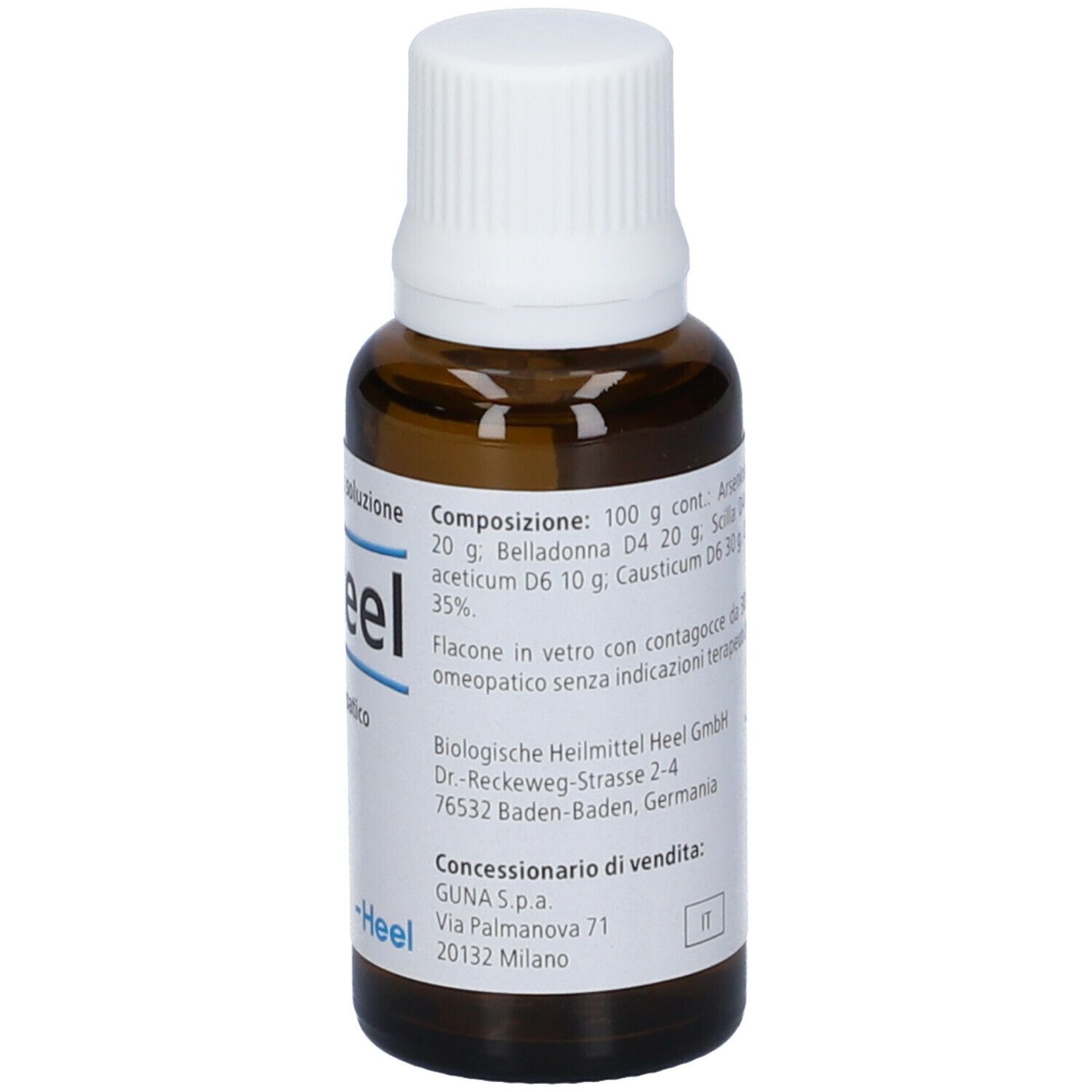 Flacone di vetro marrone con tappo bianco ed etichetta. Contiene ingredienti. Informazioni del produttore.